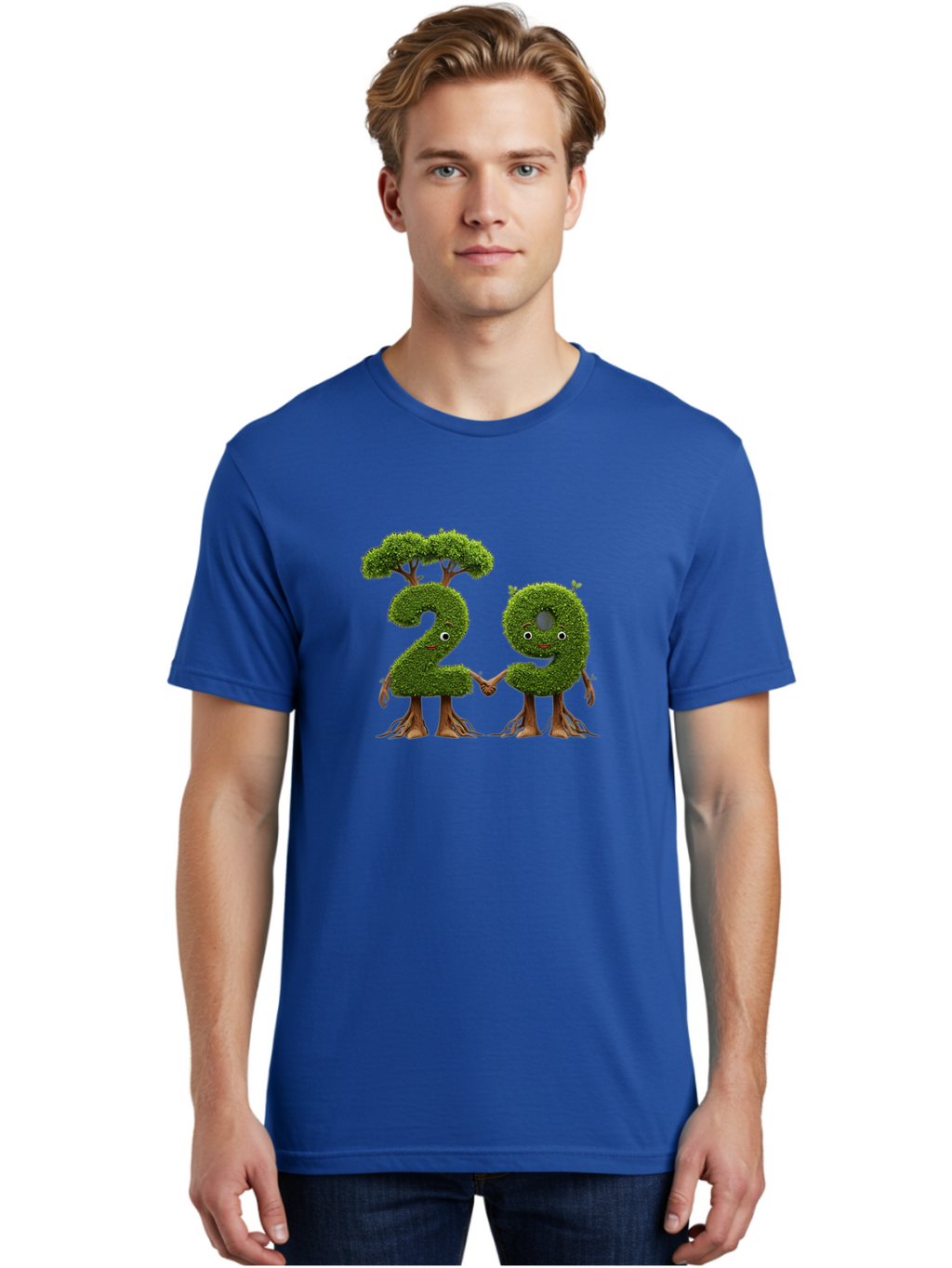 20 Men'S Graphic Tee, 100% Cotton, Comfortable Casual Summer Wear, Machine Washable, Topiary Numbers, Hand In Hand, Numbers 2 And 4, Foliage Characters, Leafy Figures, Green Numbers, Happy Faces, Whimsical Design, Nature-Inspired Art, Bab612