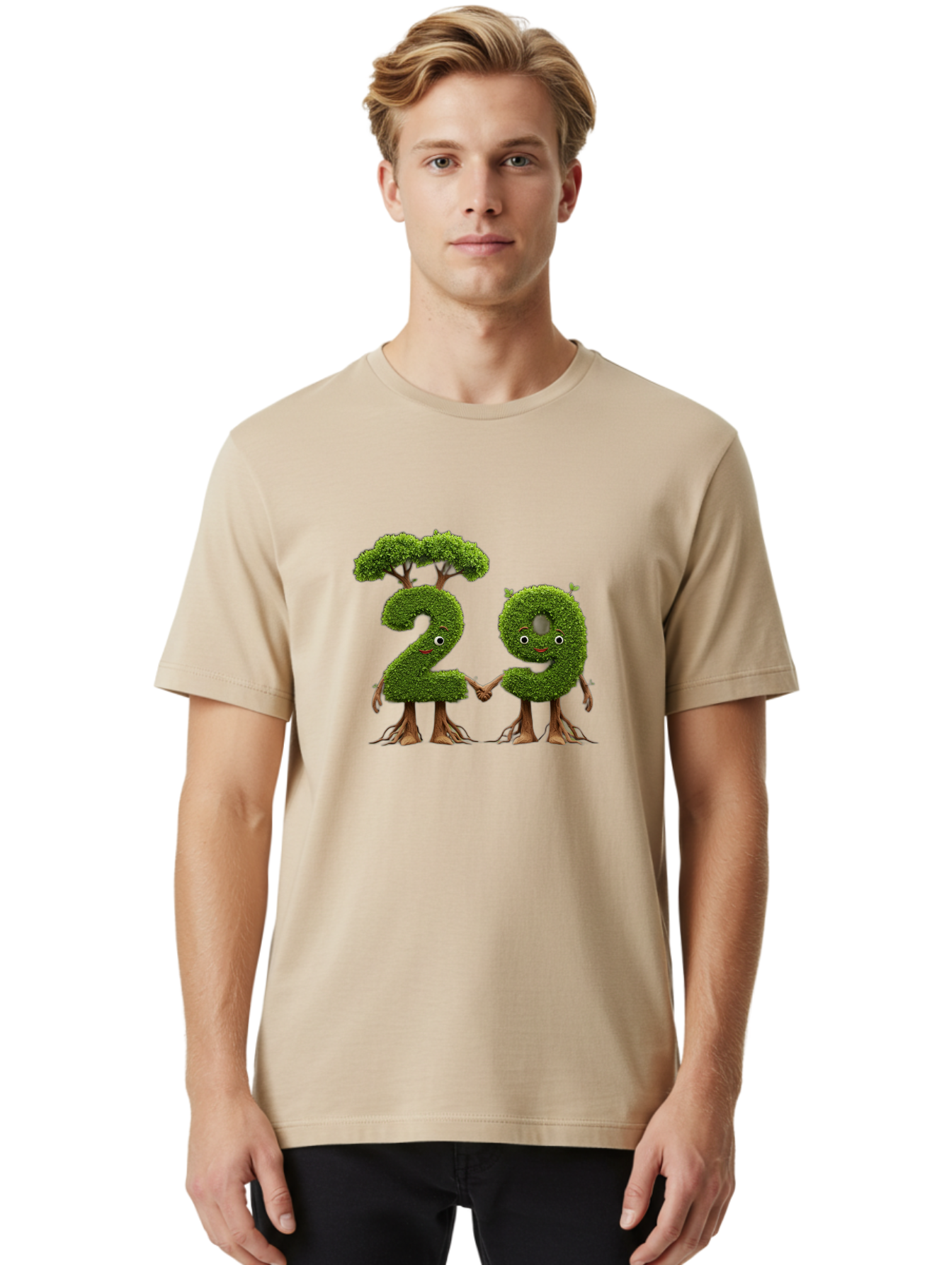 20 Men'S Graphic Tee, 100% Cotton, Comfortable Casual Summer Wear, Machine Washable, Topiary Numbers, Hand In Hand, Numbers 2 And 4, Foliage Characters, Leafy Figures, Green Numbers, Happy Faces, Whimsical Design, Nature-Inspired Art, Bab612