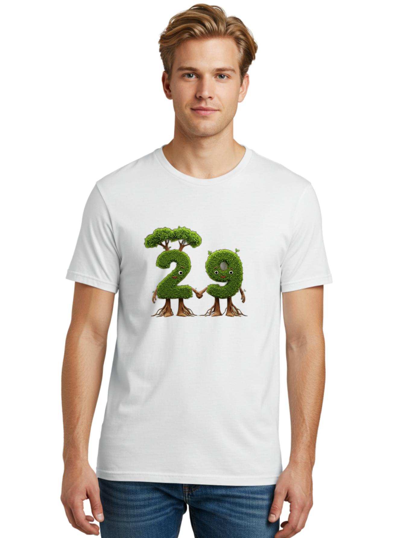 20 Men'S Graphic Tee, 100% Cotton, Comfortable Casual Summer Wear, Machine Washable, Topiary Numbers, Hand In Hand, Numbers 2 And 4, Foliage Characters, Leafy Figures, Green Numbers, Happy Faces, Whimsical Design, Nature-Inspired Art, Bab612