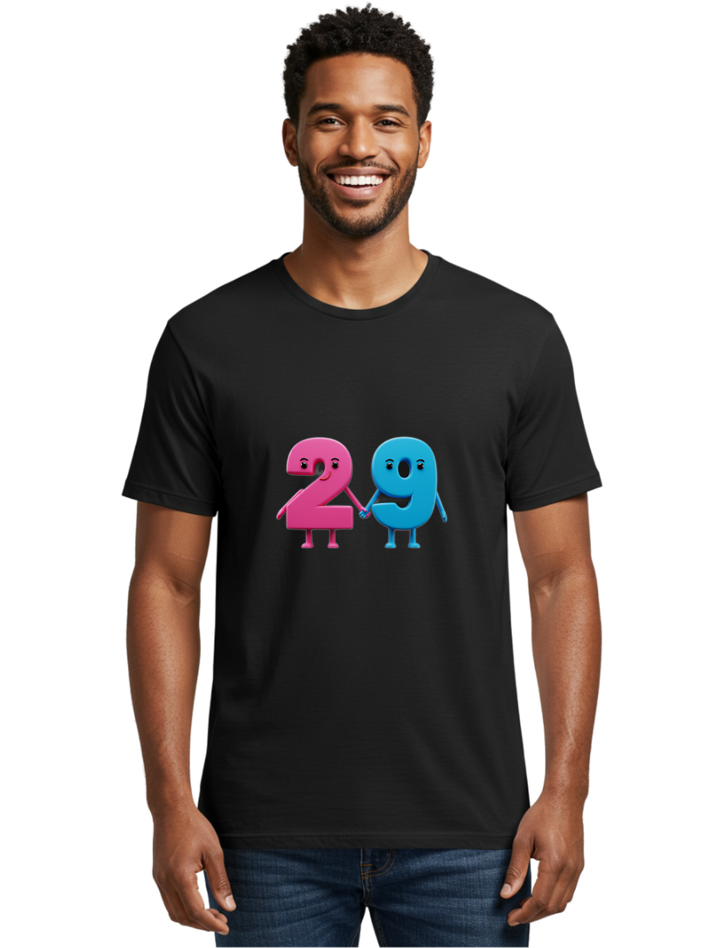 21 Men'S Graphic Tee, 100% Cotton, Comfortable Casual Summer Wear, Machine Washable, Cartoon Numbers 2 And 1, Pink And Blue Characters, Holding Hands, Smiling Faces, Friendly, Cute, Animated, Numbers With Personality, Digital Illustration, Bab613