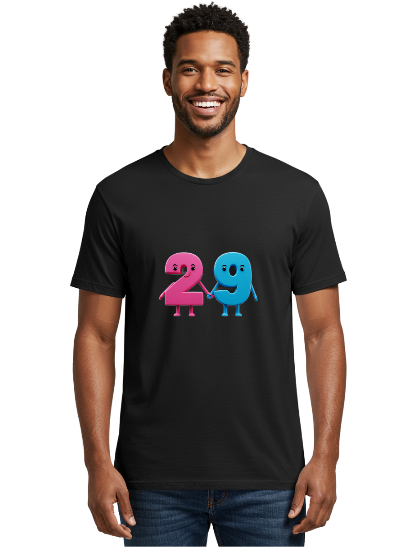 21 Men'S Graphic Tee, 100% Cotton, Comfortable Casual Summer Wear, Machine Washable, Cartoon Numbers 2 And 1, Pink And Blue Characters, Holding Hands, Smiling Faces, Friendly, Cute, Animated, Numbers With Personality, Digital Illustration, Bab613