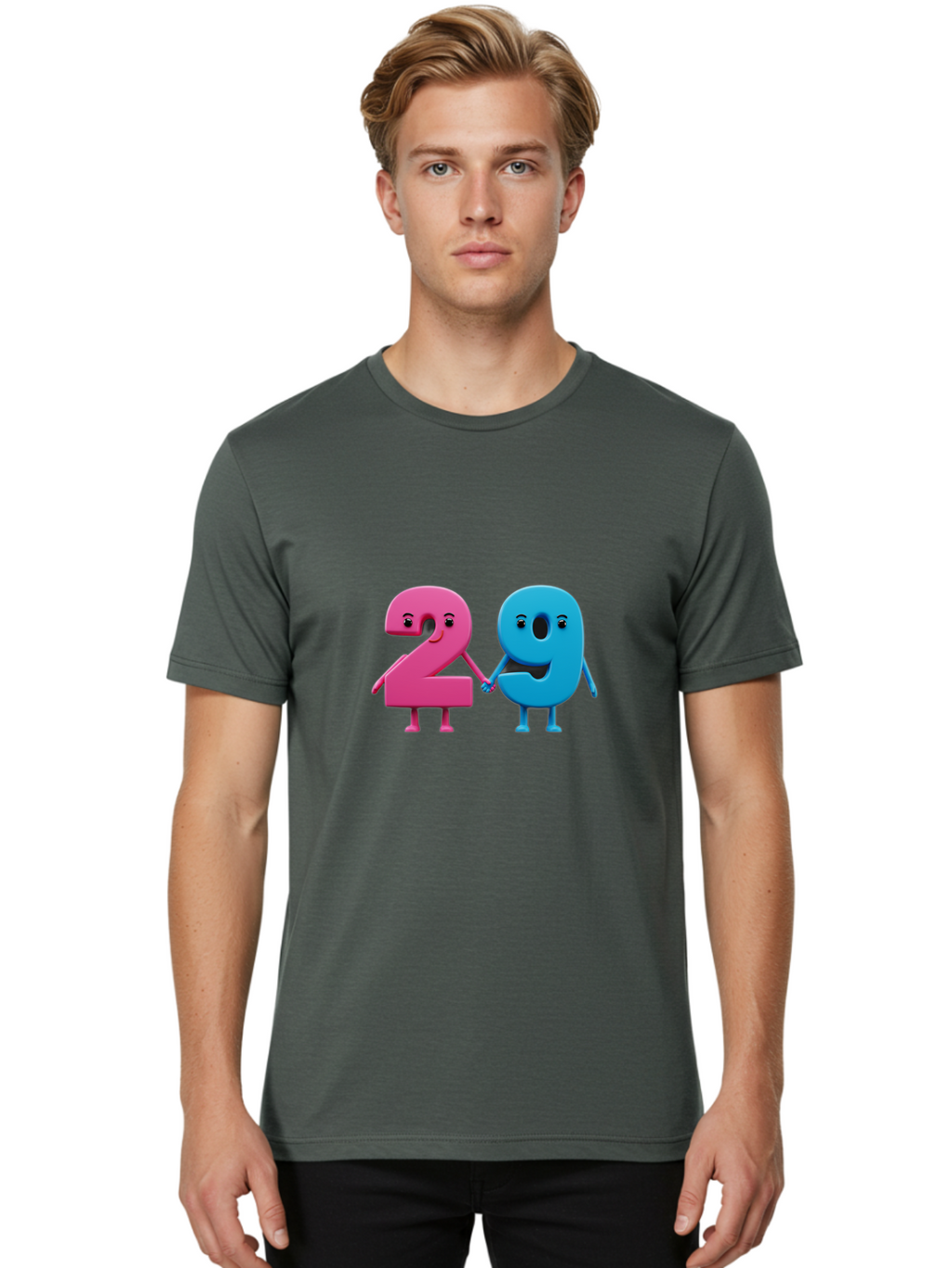 21 Men'S Graphic Tee, 100% Cotton, Comfortable Casual Summer Wear, Machine Washable, Cartoon Numbers 2 And 1, Pink And Blue Characters, Holding Hands, Smiling Faces, Friendly, Cute, Animated, Numbers With Personality, Digital Illustration, Bab613