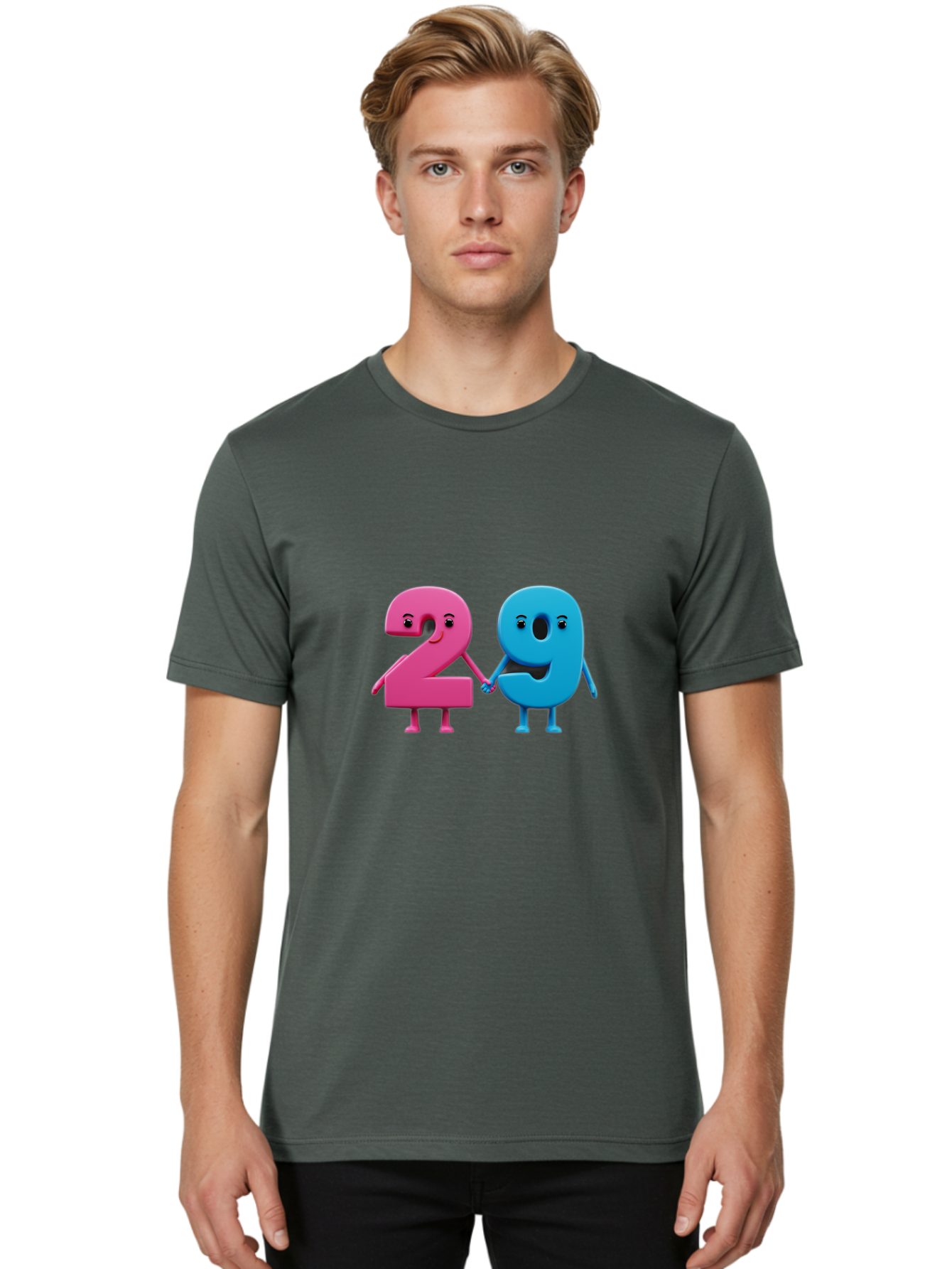 21 Men'S Graphic Tee, 100% Cotton, Comfortable Casual Summer Wear, Machine Washable, Cartoon Numbers 2 And 1, Pink And Blue Characters, Holding Hands, Smiling Faces, Friendly, Cute, Animated, Numbers With Personality, Digital Illustration, Bab613