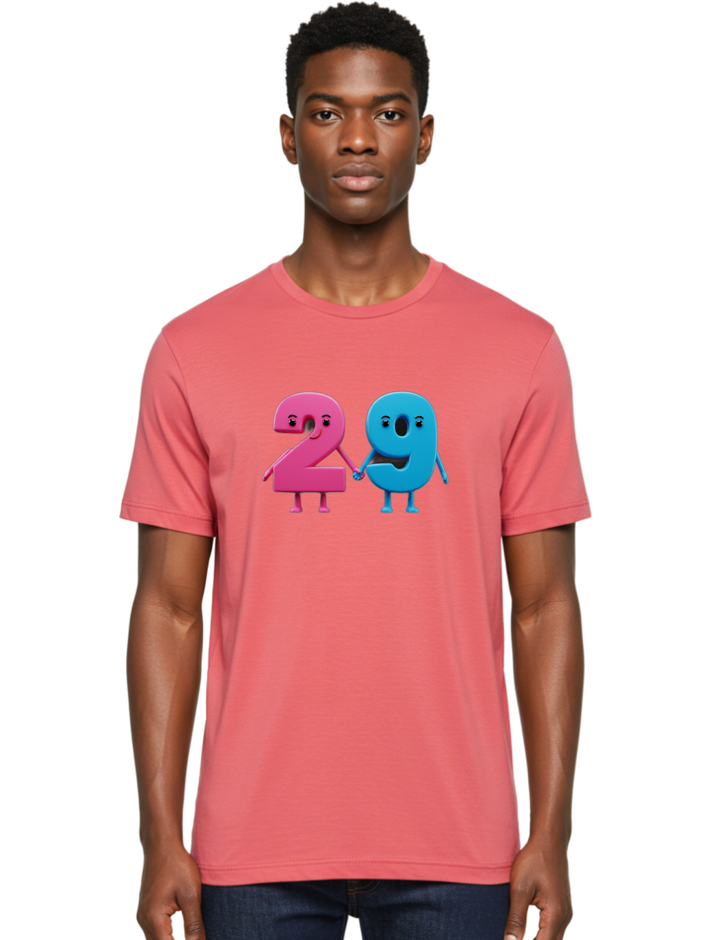 21 Men'S Graphic Tee, 100% Cotton, Comfortable Casual Summer Wear, Machine Washable, Cartoon Numbers 2 And 1, Pink And Blue Characters, Holding Hands, Smiling Faces, Friendly, Cute, Animated, Numbers With Personality, Digital Illustration, Bab613