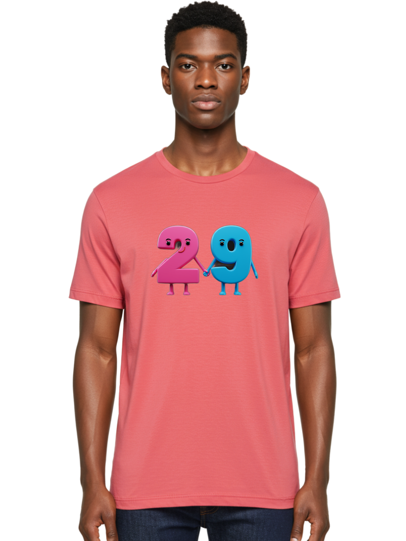 21 Men'S Graphic Tee, 100% Cotton, Comfortable Casual Summer Wear, Machine Washable, Cartoon Numbers 2 And 1, Pink And Blue Characters, Holding Hands, Smiling Faces, Friendly, Cute, Animated, Numbers With Personality, Digital Illustration, Bab613