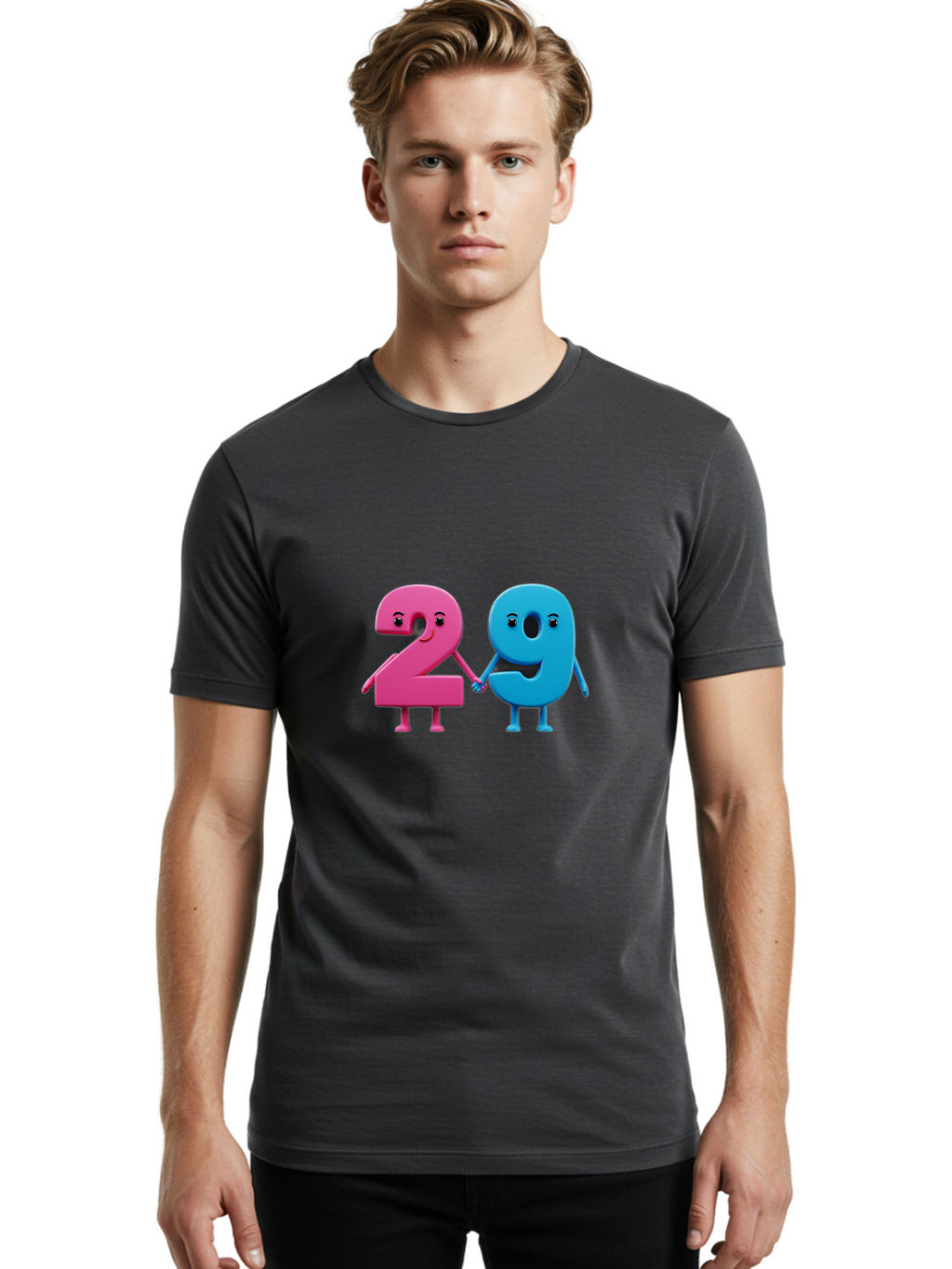 21 Men'S Graphic Tee, 100% Cotton, Comfortable Casual Summer Wear, Machine Washable, Cartoon Numbers 2 And 1, Pink And Blue Characters, Holding Hands, Smiling Faces, Friendly, Cute, Animated, Numbers With Personality, Digital Illustration, Bab613