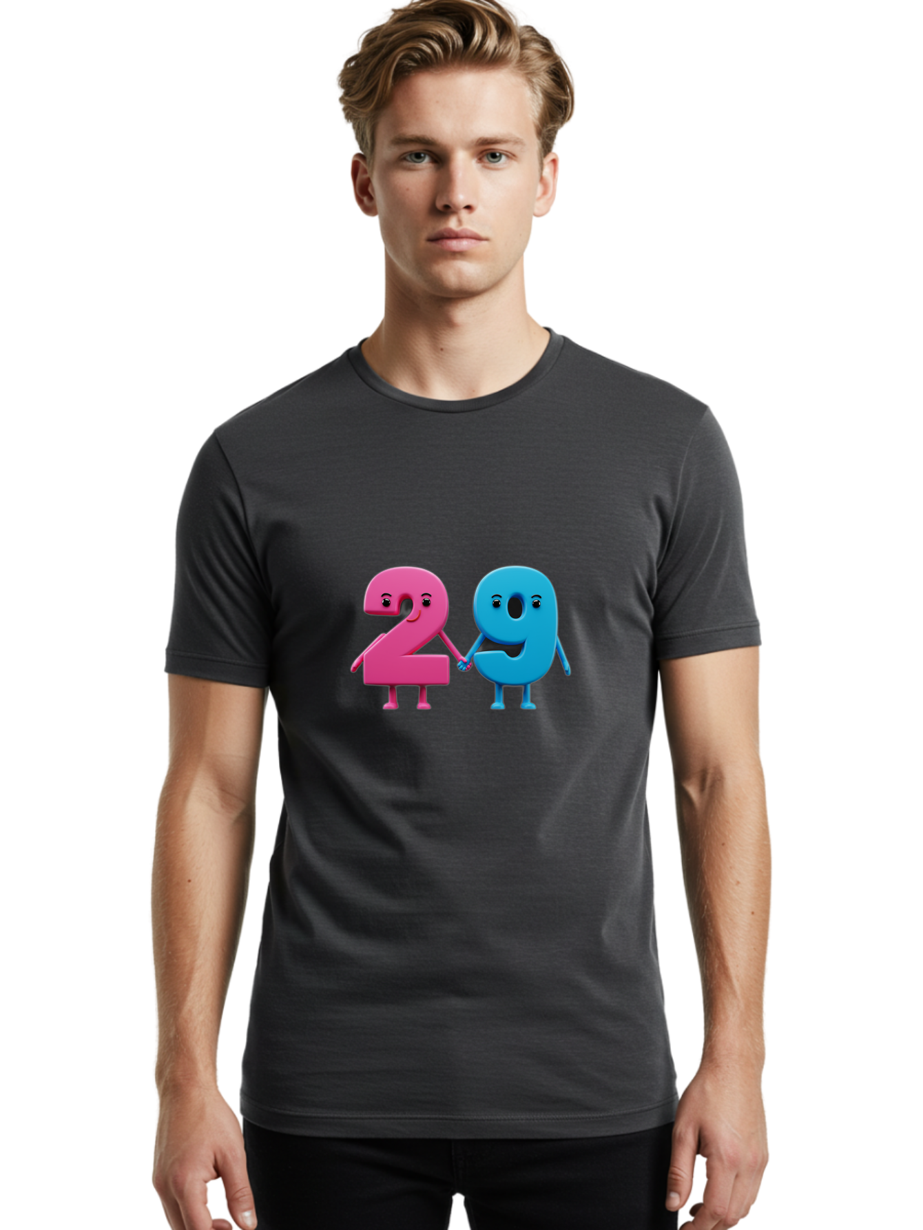 21 Men'S Graphic Tee, 100% Cotton, Comfortable Casual Summer Wear, Machine Washable, Cartoon Numbers 2 And 1, Pink And Blue Characters, Holding Hands, Smiling Faces, Friendly, Cute, Animated, Numbers With Personality, Digital Illustration, Bab613