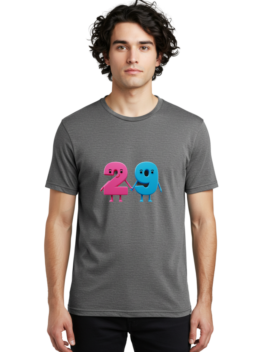 21 Men'S Graphic Tee, 100% Cotton, Comfortable Casual Summer Wear, Machine Washable, Cartoon Numbers 2 And 1, Pink And Blue Characters, Holding Hands, Smiling Faces, Friendly, Cute, Animated, Numbers With Personality, Digital Illustration, Bab613