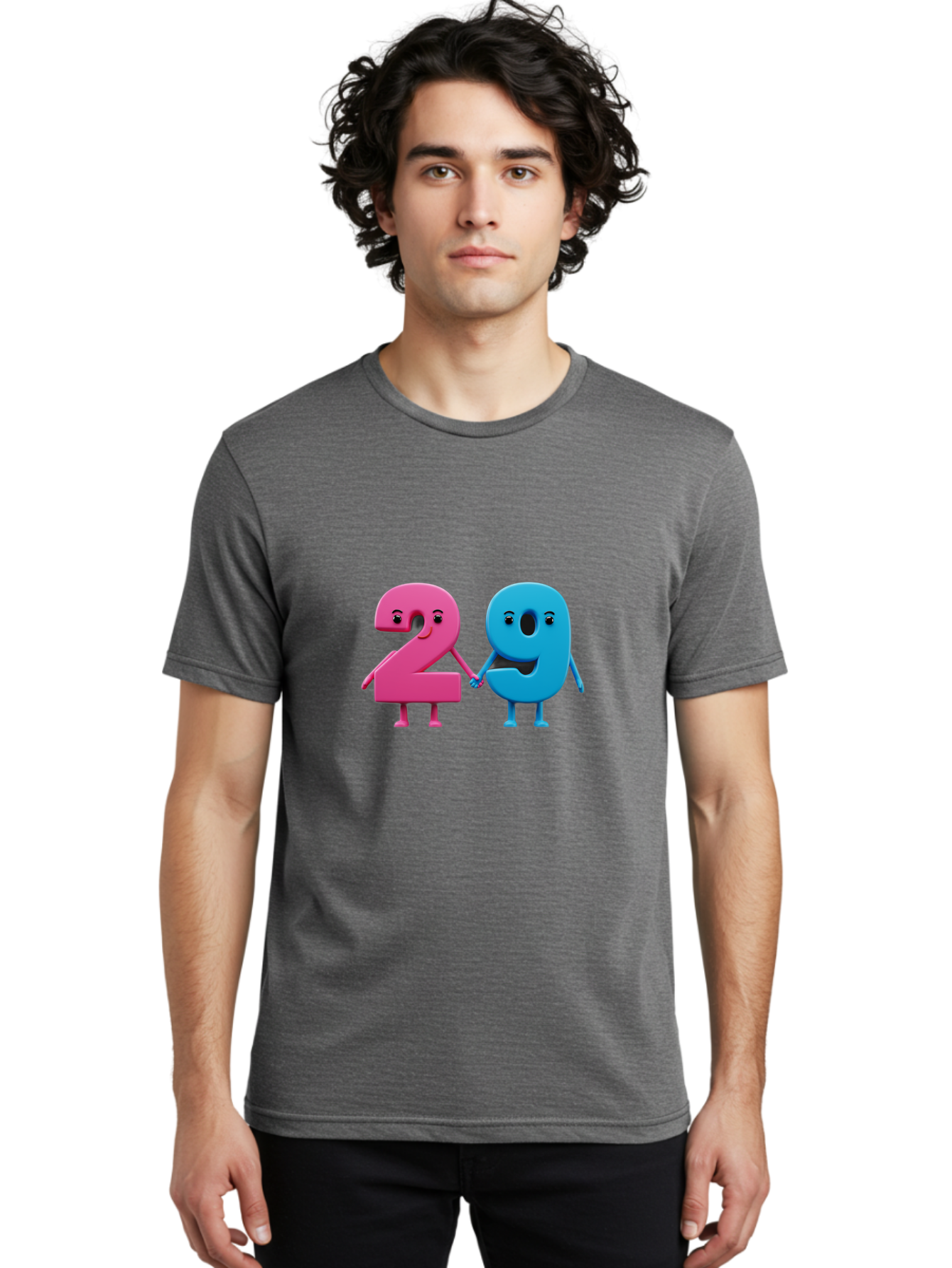 21 Men'S Graphic Tee, 100% Cotton, Comfortable Casual Summer Wear, Machine Washable, Cartoon Numbers 2 And 1, Pink And Blue Characters, Holding Hands, Smiling Faces, Friendly, Cute, Animated, Numbers With Personality, Digital Illustration, Bab613
