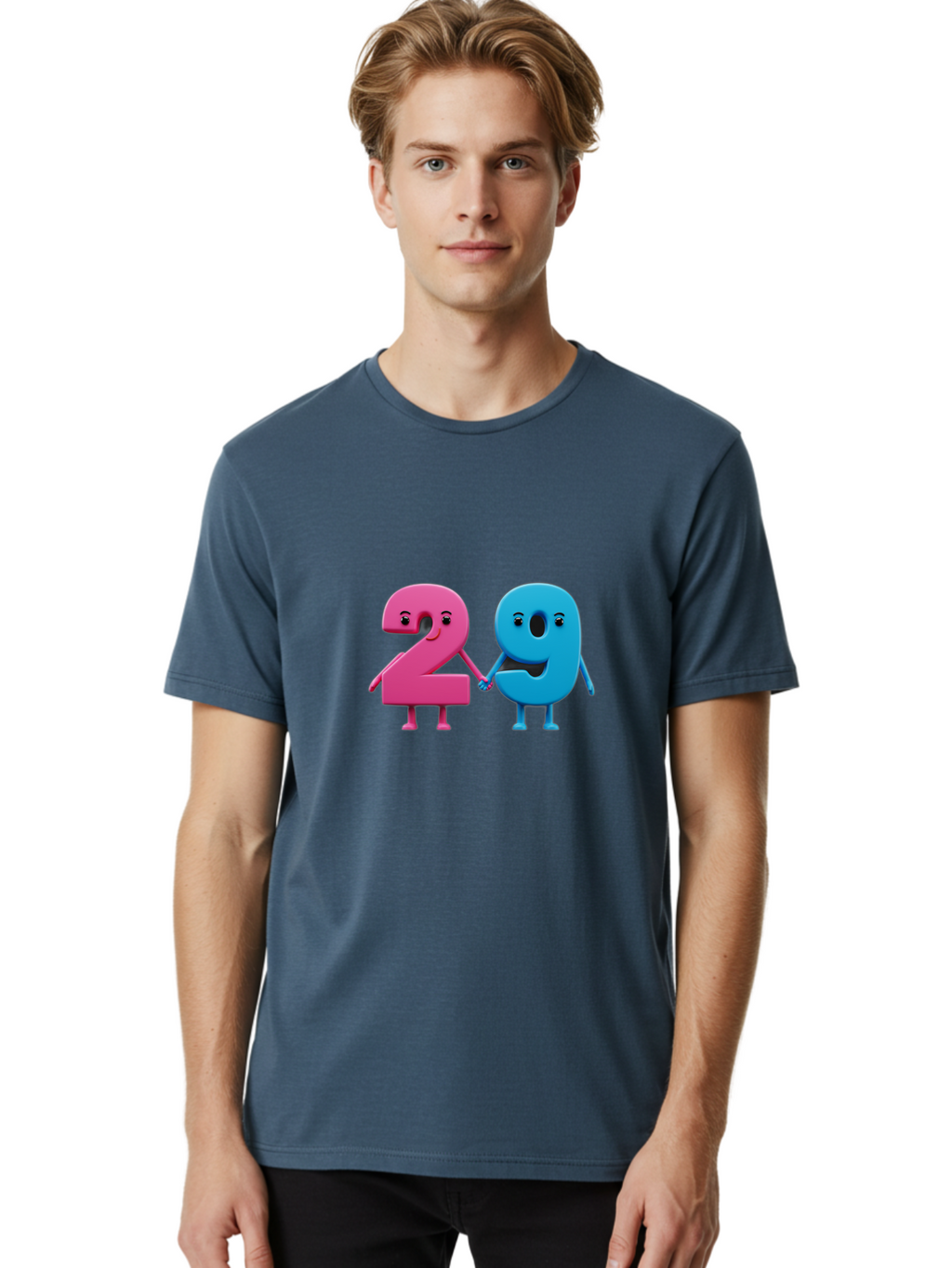 21 Men'S Graphic Tee, 100% Cotton, Comfortable Casual Summer Wear, Machine Washable, Cartoon Numbers 2 And 1, Pink And Blue Characters, Holding Hands, Smiling Faces, Friendly, Cute, Animated, Numbers With Personality, Digital Illustration, Bab613