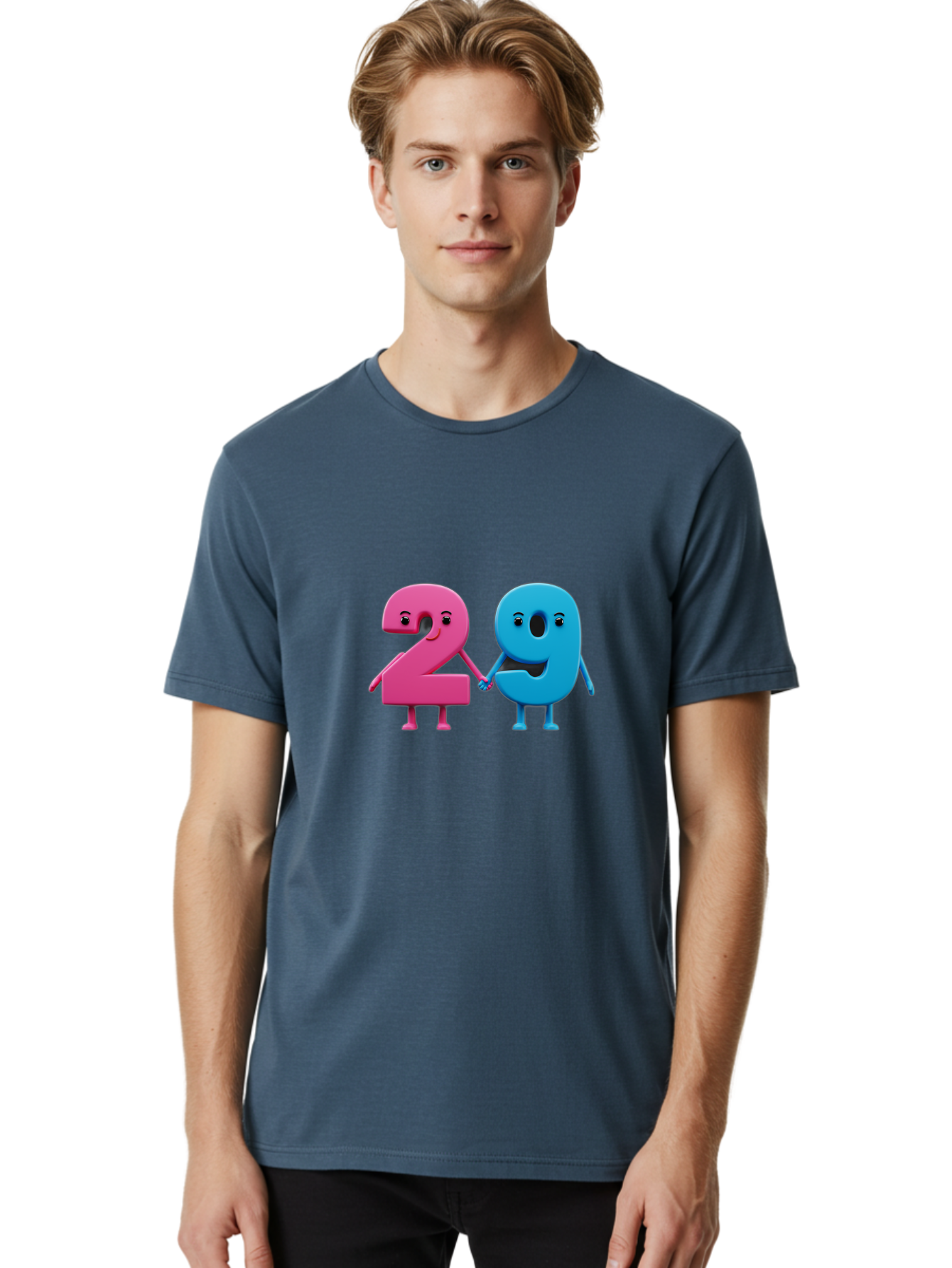 21 Men'S Graphic Tee, 100% Cotton, Comfortable Casual Summer Wear, Machine Washable, Cartoon Numbers 2 And 1, Pink And Blue Characters, Holding Hands, Smiling Faces, Friendly, Cute, Animated, Numbers With Personality, Digital Illustration, Bab613