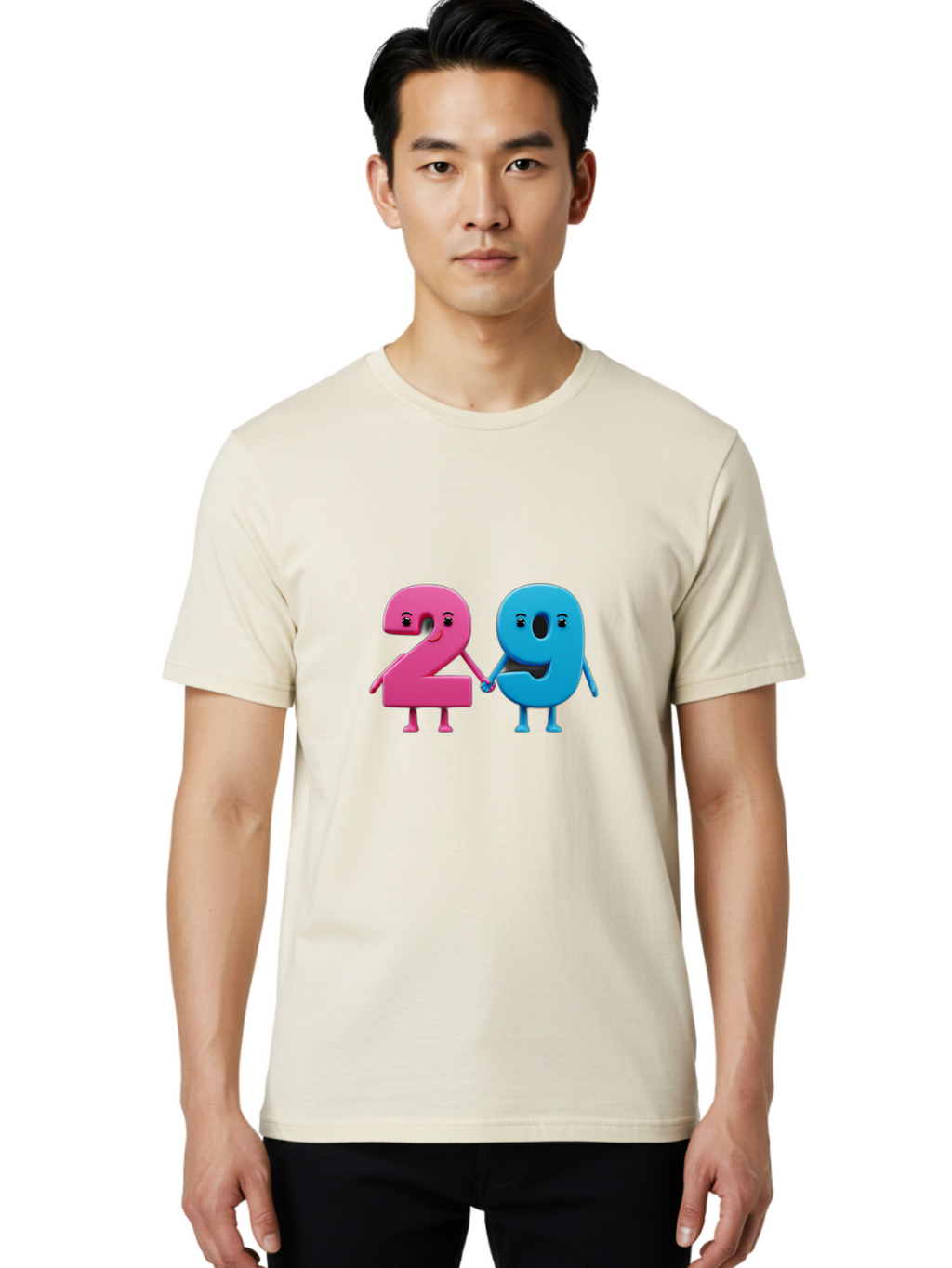 21 Men'S Graphic Tee, 100% Cotton, Comfortable Casual Summer Wear, Machine Washable, Cartoon Numbers 2 And 1, Pink And Blue Characters, Holding Hands, Smiling Faces, Friendly, Cute, Animated, Numbers With Personality, Digital Illustration, Bab613