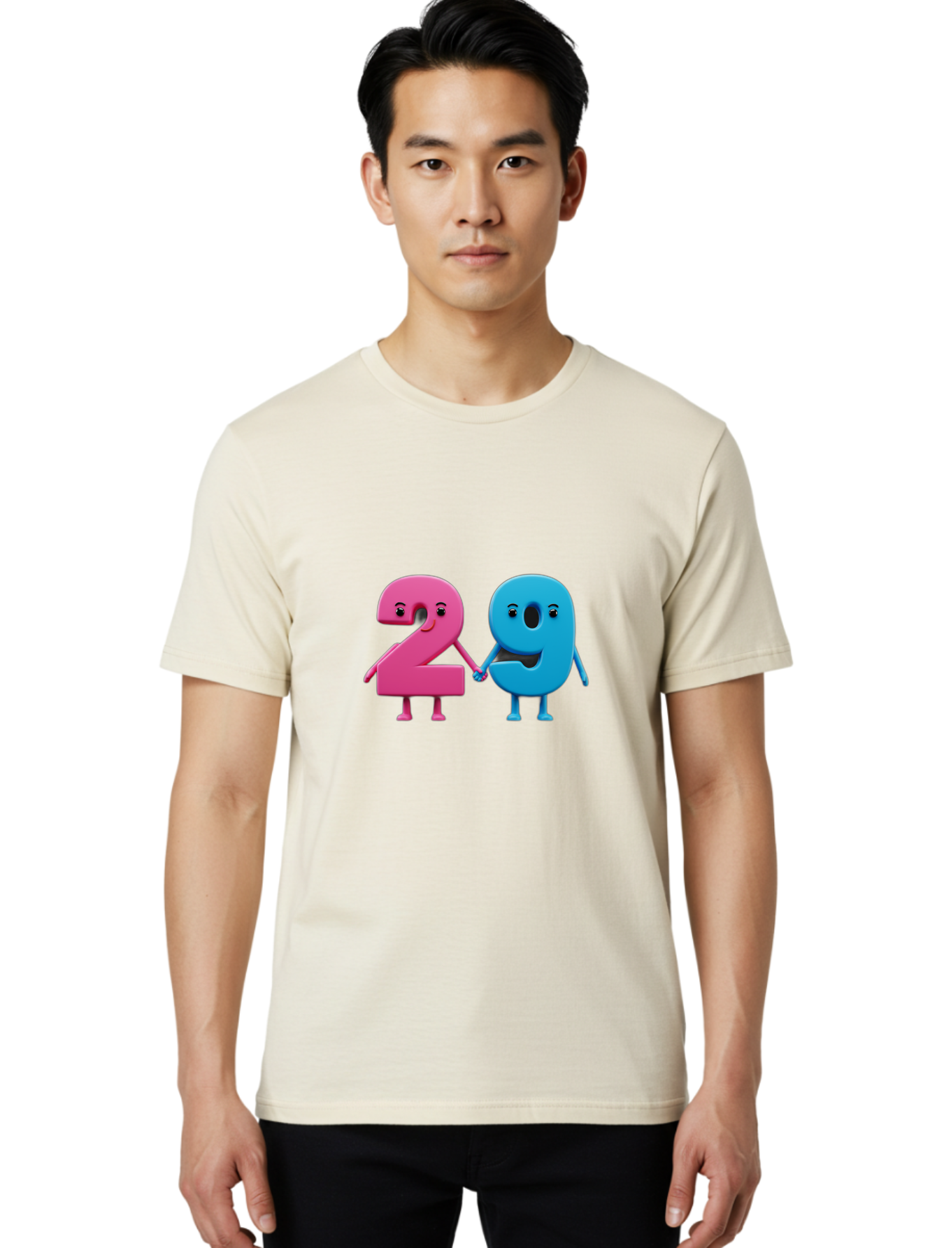 21 Men'S Graphic Tee, 100% Cotton, Comfortable Casual Summer Wear, Machine Washable, Cartoon Numbers 2 And 1, Pink And Blue Characters, Holding Hands, Smiling Faces, Friendly, Cute, Animated, Numbers With Personality, Digital Illustration, Bab613