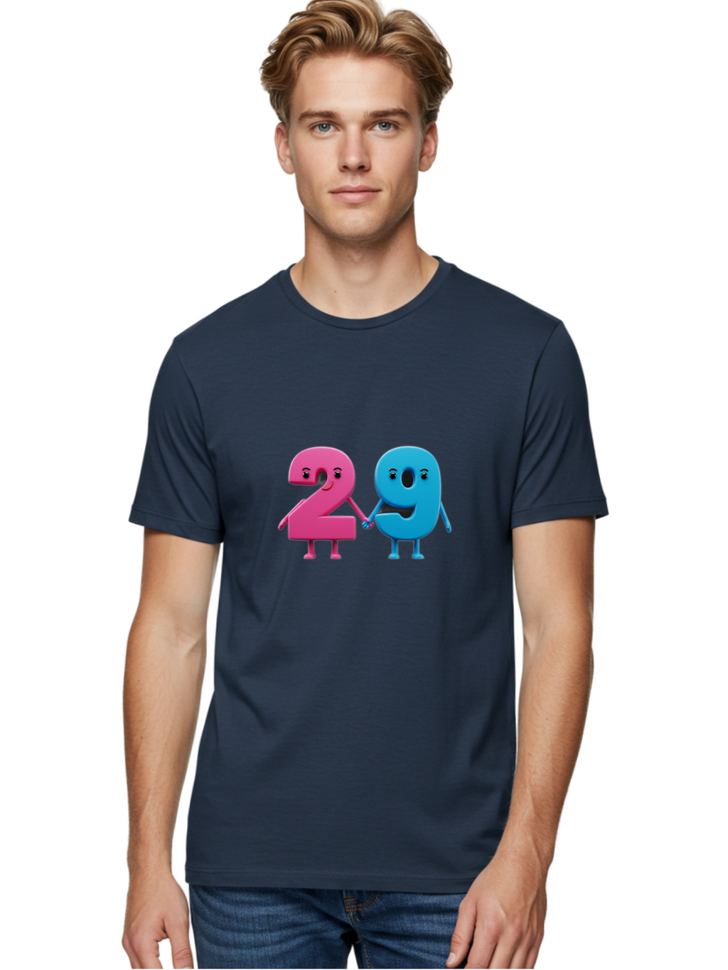 21 Men'S Graphic Tee, 100% Cotton, Comfortable Casual Summer Wear, Machine Washable, Cartoon Numbers 2 And 1, Pink And Blue Characters, Holding Hands, Smiling Faces, Friendly, Cute, Animated, Numbers With Personality, Digital Illustration, Bab613