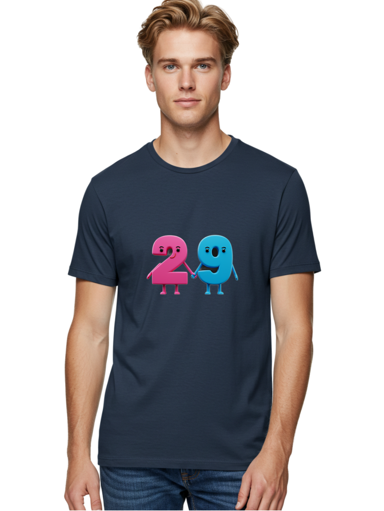 21 Men'S Graphic Tee, 100% Cotton, Comfortable Casual Summer Wear, Machine Washable, Cartoon Numbers 2 And 1, Pink And Blue Characters, Holding Hands, Smiling Faces, Friendly, Cute, Animated, Numbers With Personality, Digital Illustration, Bab613