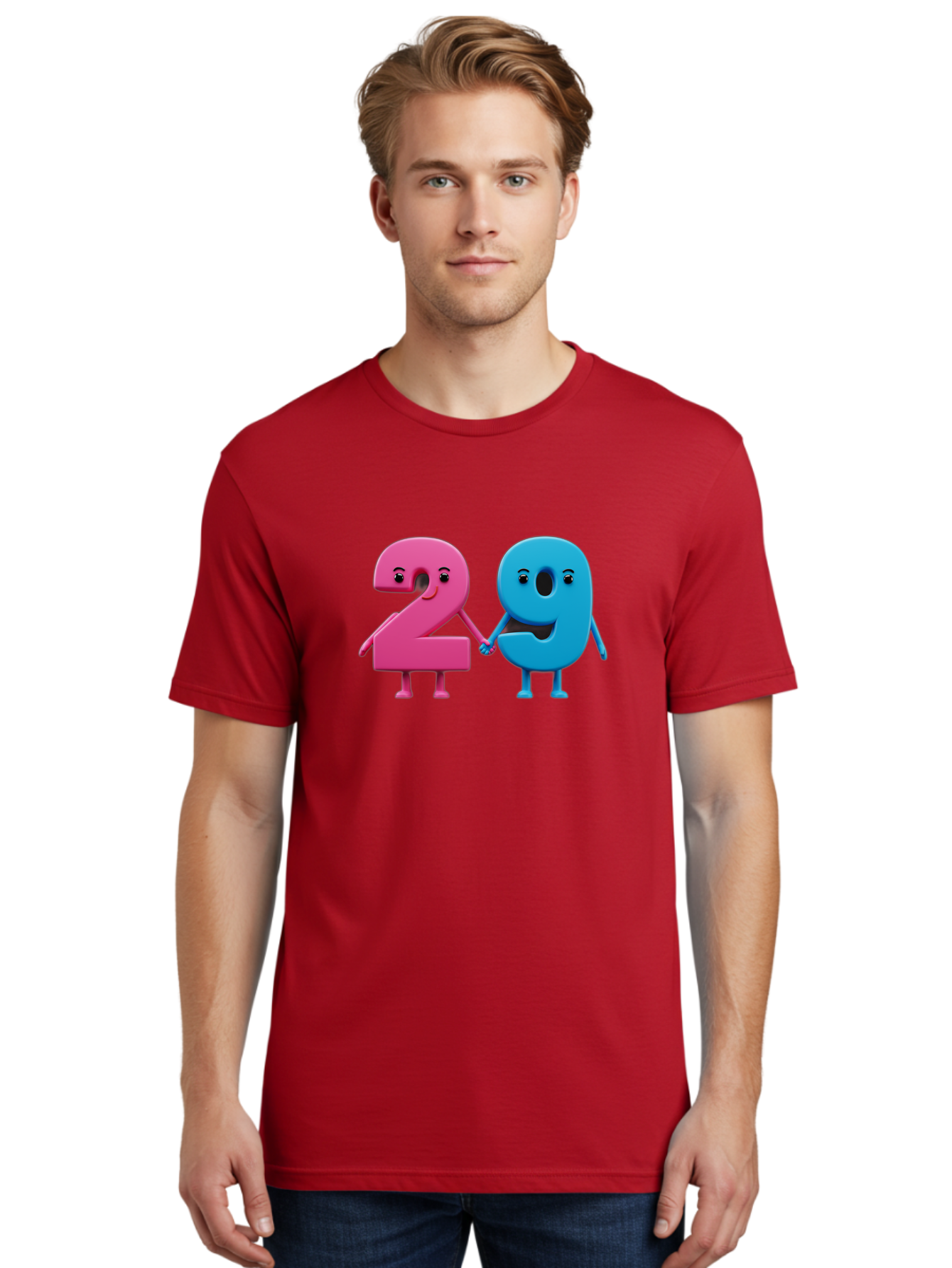 21 Men'S Graphic Tee, 100% Cotton, Comfortable Casual Summer Wear, Machine Washable, Cartoon Numbers 2 And 1, Pink And Blue Characters, Holding Hands, Smiling Faces, Friendly, Cute, Animated, Numbers With Personality, Digital Illustration, Bab613