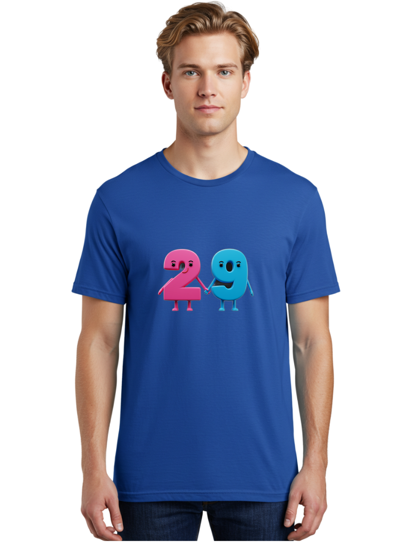 21 Men'S Graphic Tee, 100% Cotton, Comfortable Casual Summer Wear, Machine Washable, Cartoon Numbers 2 And 1, Pink And Blue Characters, Holding Hands, Smiling Faces, Friendly, Cute, Animated, Numbers With Personality, Digital Illustration, Bab613