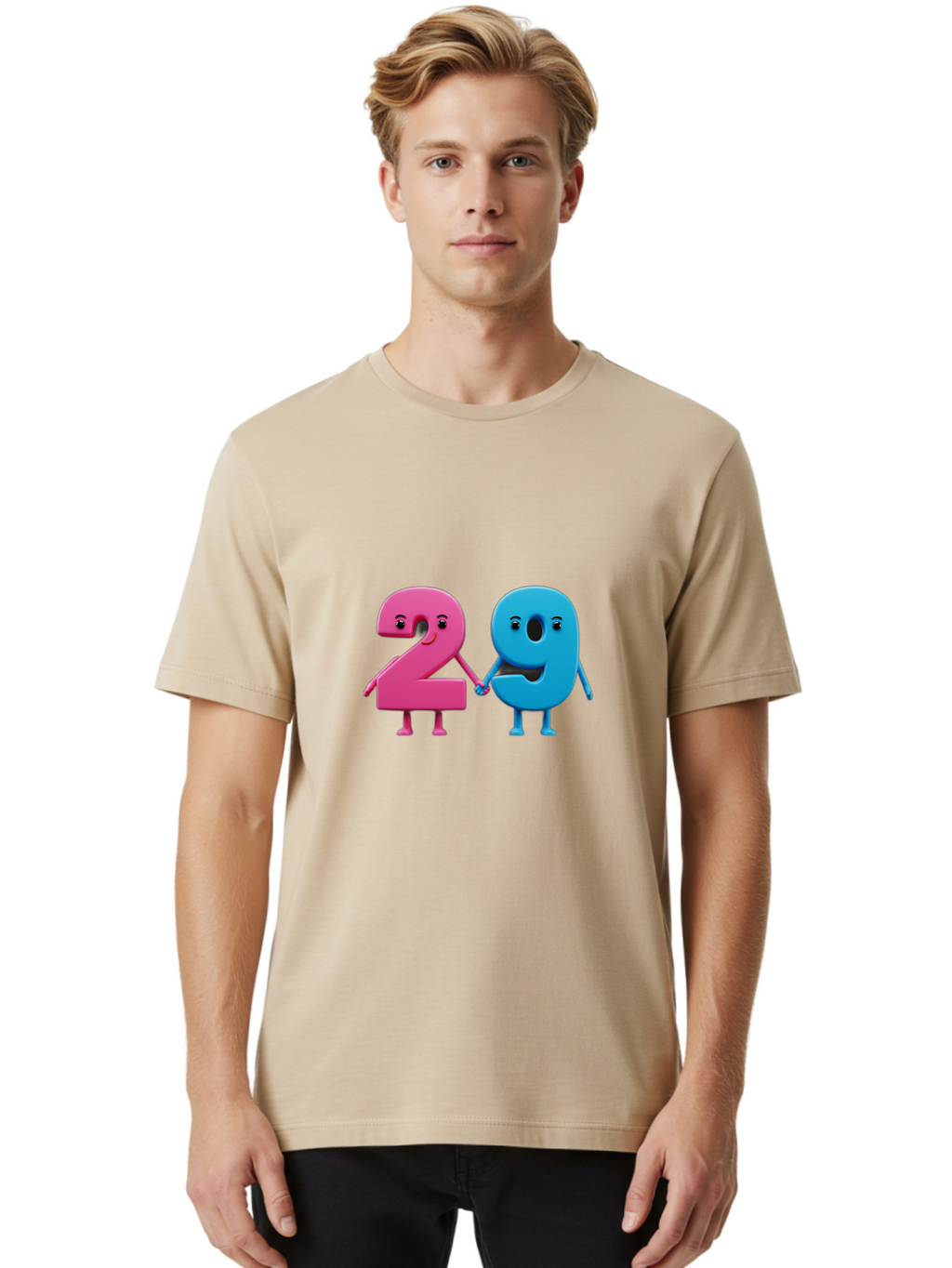 21 Men'S Graphic Tee, 100% Cotton, Comfortable Casual Summer Wear, Machine Washable, Cartoon Numbers 2 And 1, Pink And Blue Characters, Holding Hands, Smiling Faces, Friendly, Cute, Animated, Numbers With Personality, Digital Illustration, Bab613