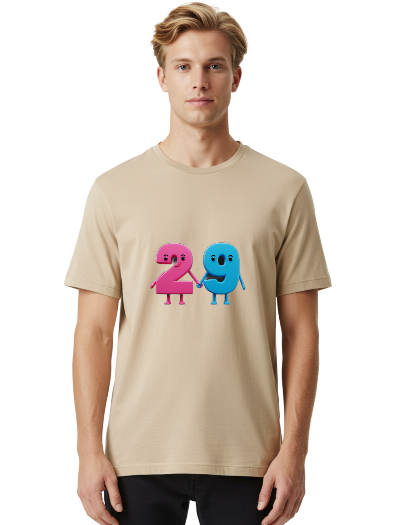 21 Men'S Graphic Tee, 100% Cotton, Comfortable Casual Summer Wear, Machine Washable, Cartoon Numbers 2 And 1, Pink And Blue Characters, Holding Hands, Smiling Faces, Friendly, Cute, Animated, Numbers With Personality, Digital Illustration, Bab613