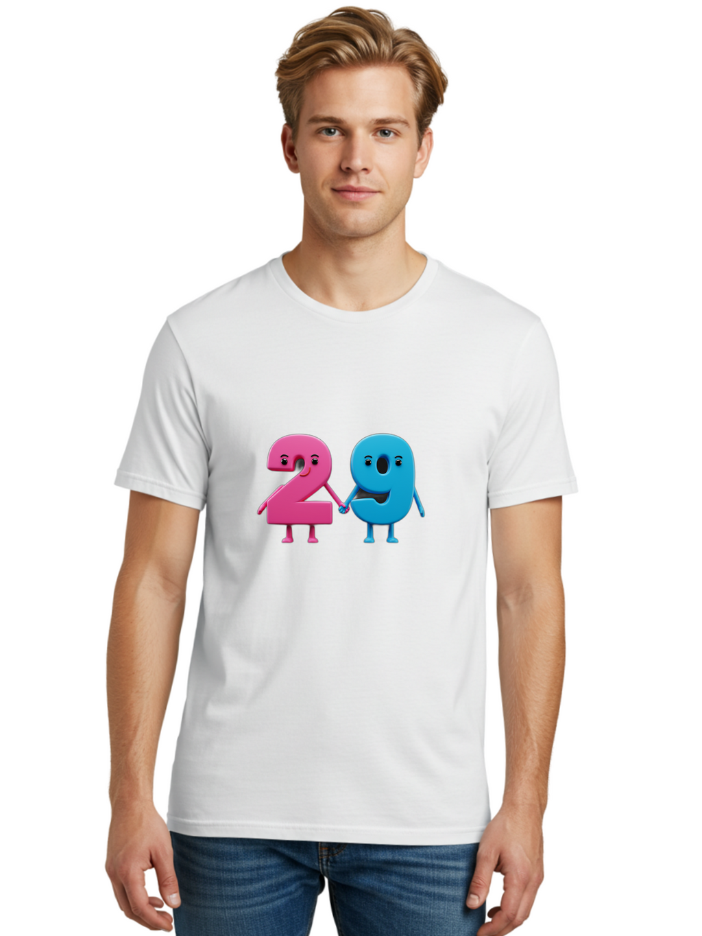 21 Men'S Graphic Tee, 100% Cotton, Comfortable Casual Summer Wear, Machine Washable, Cartoon Numbers 2 And 1, Pink And Blue Characters, Holding Hands, Smiling Faces, Friendly, Cute, Animated, Numbers With Personality, Digital Illustration, Bab613