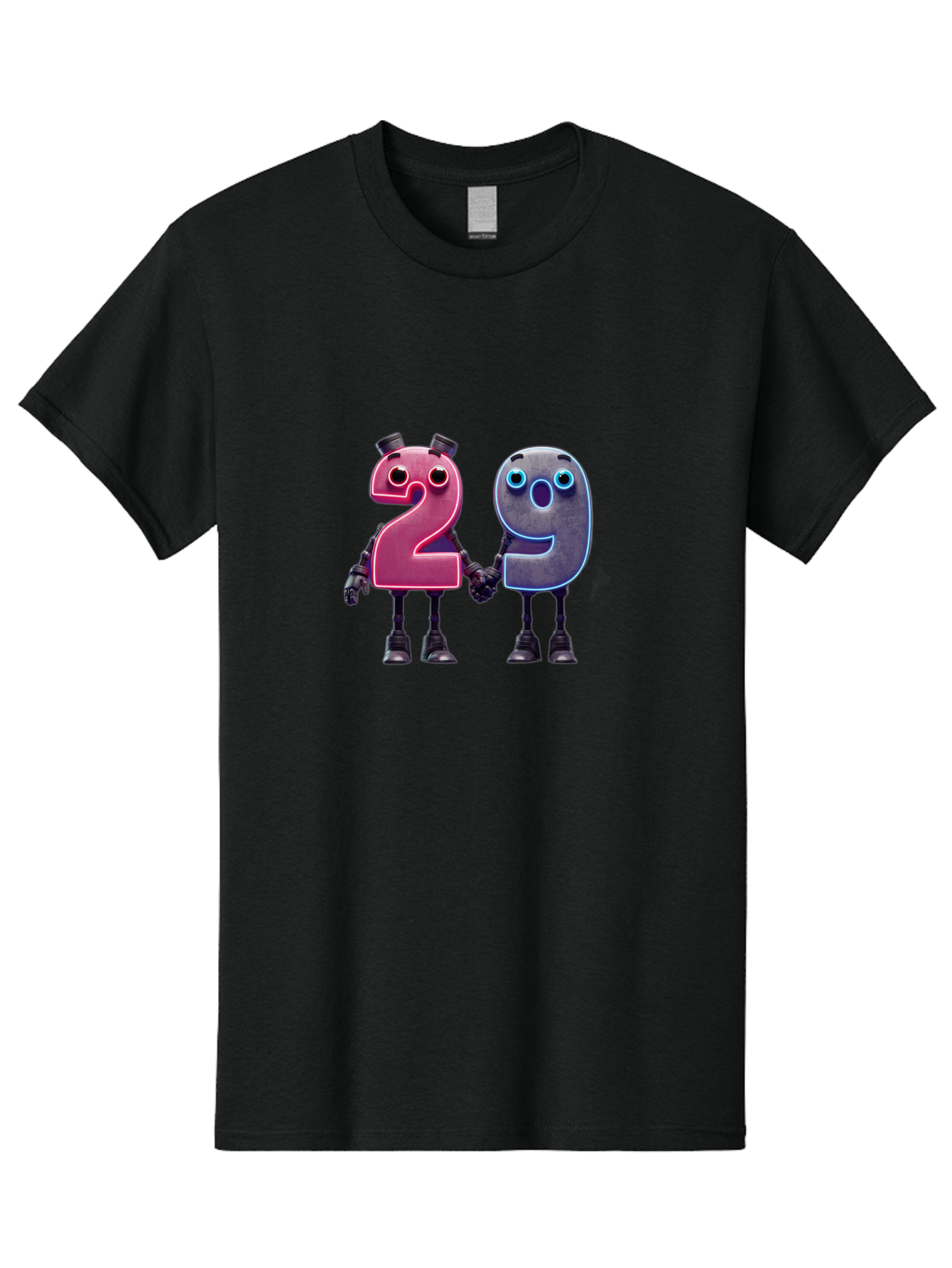 29 Men'S Graphic Tee, 100% Cotton, Comfortable Casual Summer Wear, Machine Washable, Anthropomorphic Numbers, Robotic Characters, 2 And 9, Futuristic Design, Neon Lights, Holding Hands, Friendly Duo, Cyborg Digits, Numerical Friends, Bab614