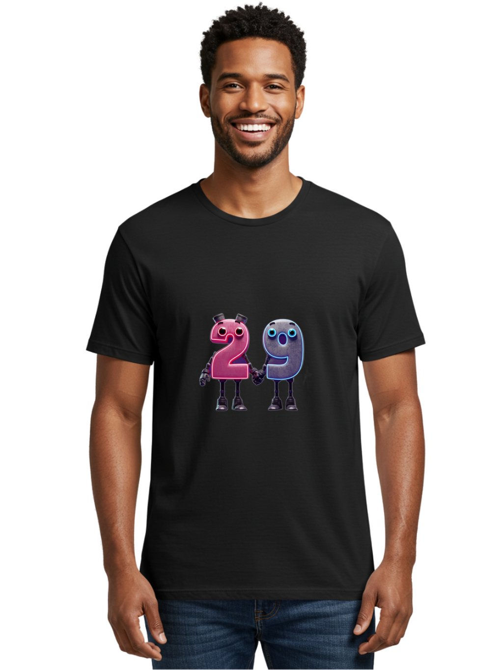29 Men'S Graphic Tee, 100% Cotton, Comfortable Casual Summer Wear, Machine Washable, Anthropomorphic Numbers, Robotic Characters, 2 And 9, Futuristic Design, Neon Lights, Holding Hands, Friendly Duo, Cyborg Digits, Numerical Friends, Bab614