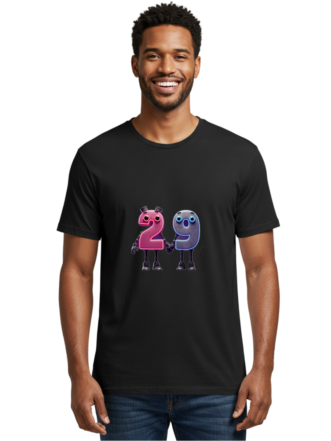 29 Men'S Graphic Tee, 100% Cotton, Comfortable Casual Summer Wear, Machine Washable, Anthropomorphic Numbers, Robotic Characters, 2 And 9, Futuristic Design, Neon Lights, Holding Hands, Friendly Duo, Cyborg Digits, Numerical Friends, Bab614