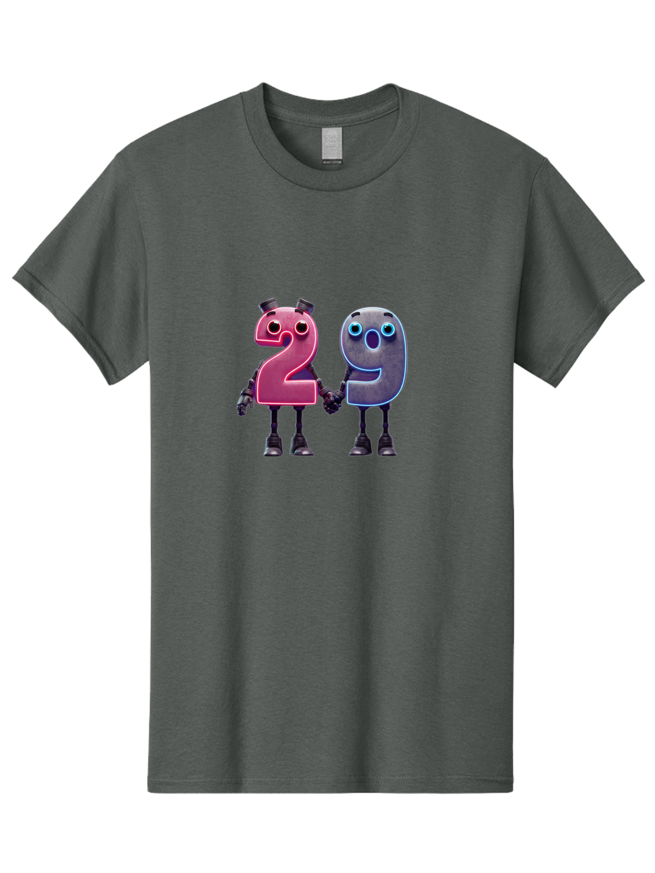 29 Men'S Graphic Tee, 100% Cotton, Comfortable Casual Summer Wear, Machine Washable, Anthropomorphic Numbers, Robotic Characters, 2 And 9, Futuristic Design, Neon Lights, Holding Hands, Friendly Duo, Cyborg Digits, Numerical Friends, Bab614