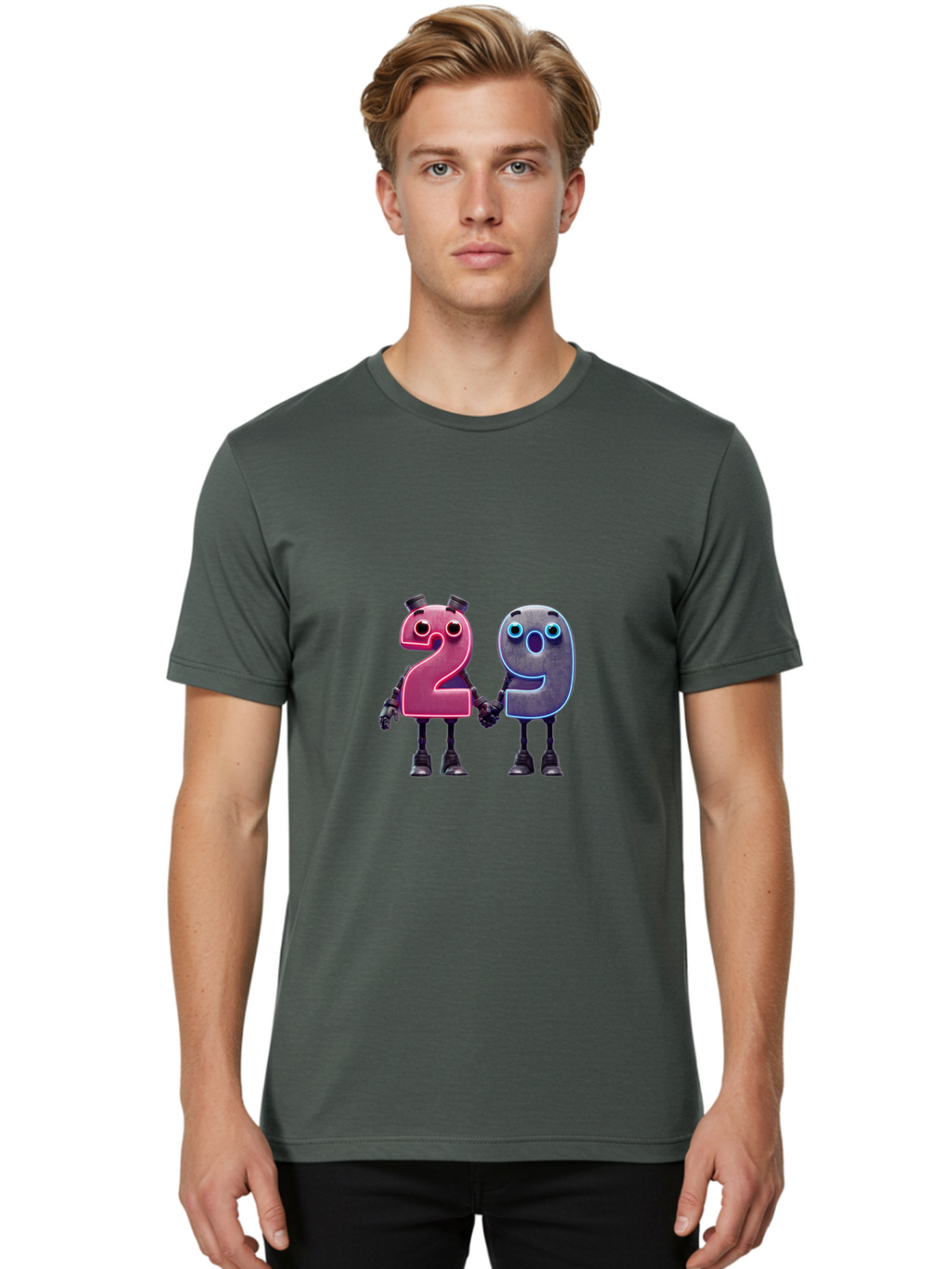 29 Men'S Graphic Tee, 100% Cotton, Comfortable Casual Summer Wear, Machine Washable, Anthropomorphic Numbers, Robotic Characters, 2 And 9, Futuristic Design, Neon Lights, Holding Hands, Friendly Duo, Cyborg Digits, Numerical Friends, Bab614