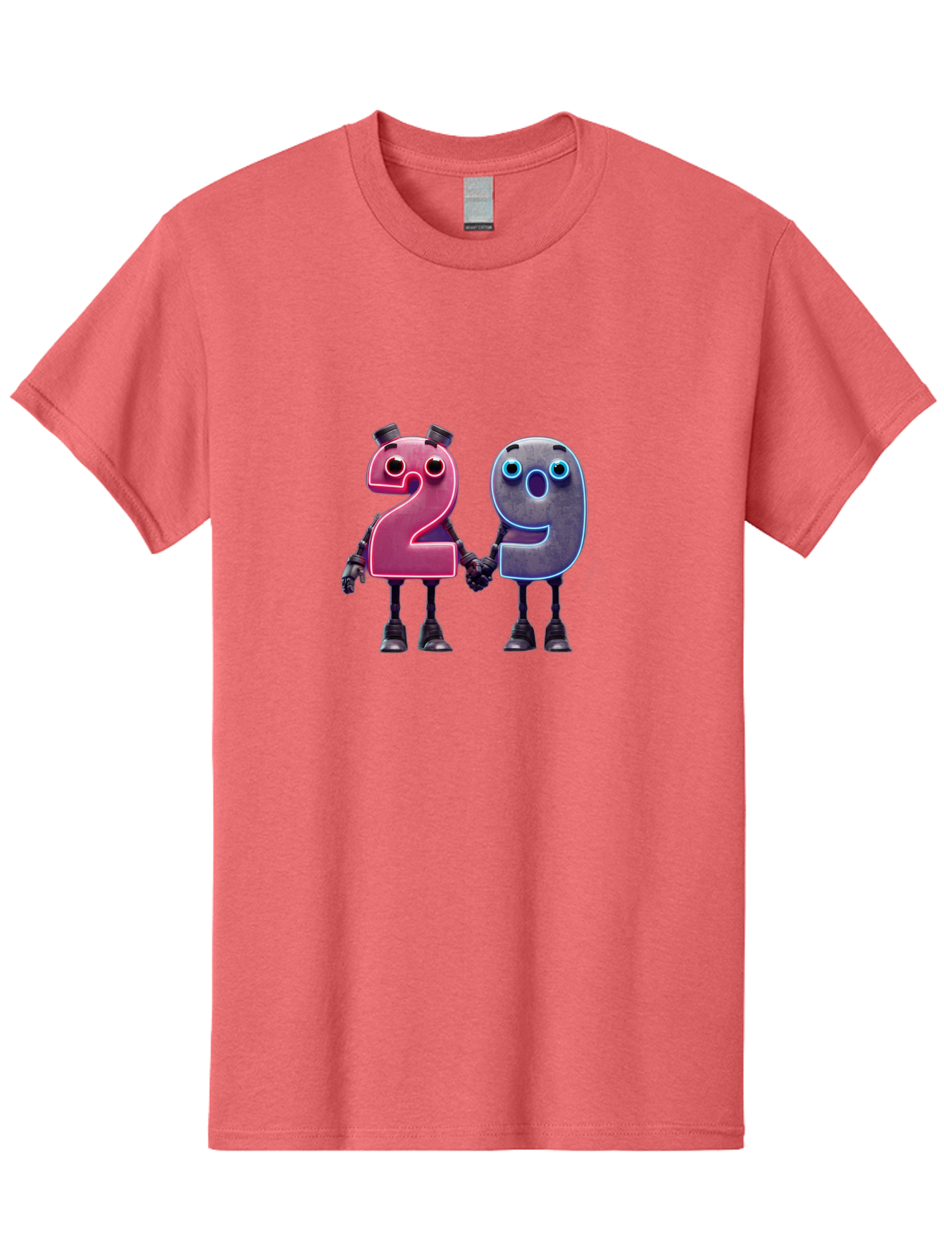 29 Men'S Graphic Tee, 100% Cotton, Comfortable Casual Summer Wear, Machine Washable, Anthropomorphic Numbers, Robotic Characters, 2 And 9, Futuristic Design, Neon Lights, Holding Hands, Friendly Duo, Cyborg Digits, Numerical Friends, Bab614