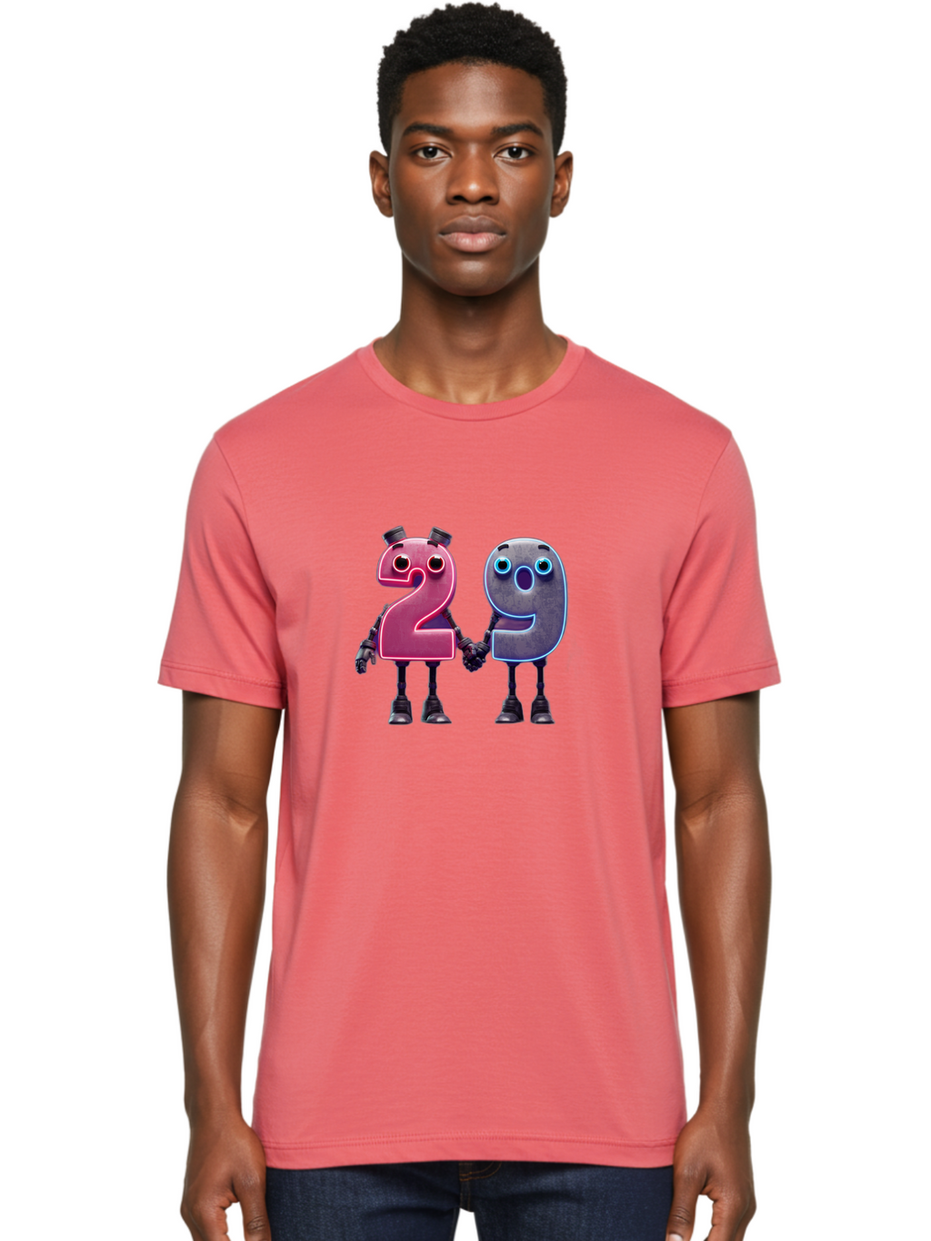 29 Men'S Graphic Tee, 100% Cotton, Comfortable Casual Summer Wear, Machine Washable, Anthropomorphic Numbers, Robotic Characters, 2 And 9, Futuristic Design, Neon Lights, Holding Hands, Friendly Duo, Cyborg Digits, Numerical Friends, Bab614