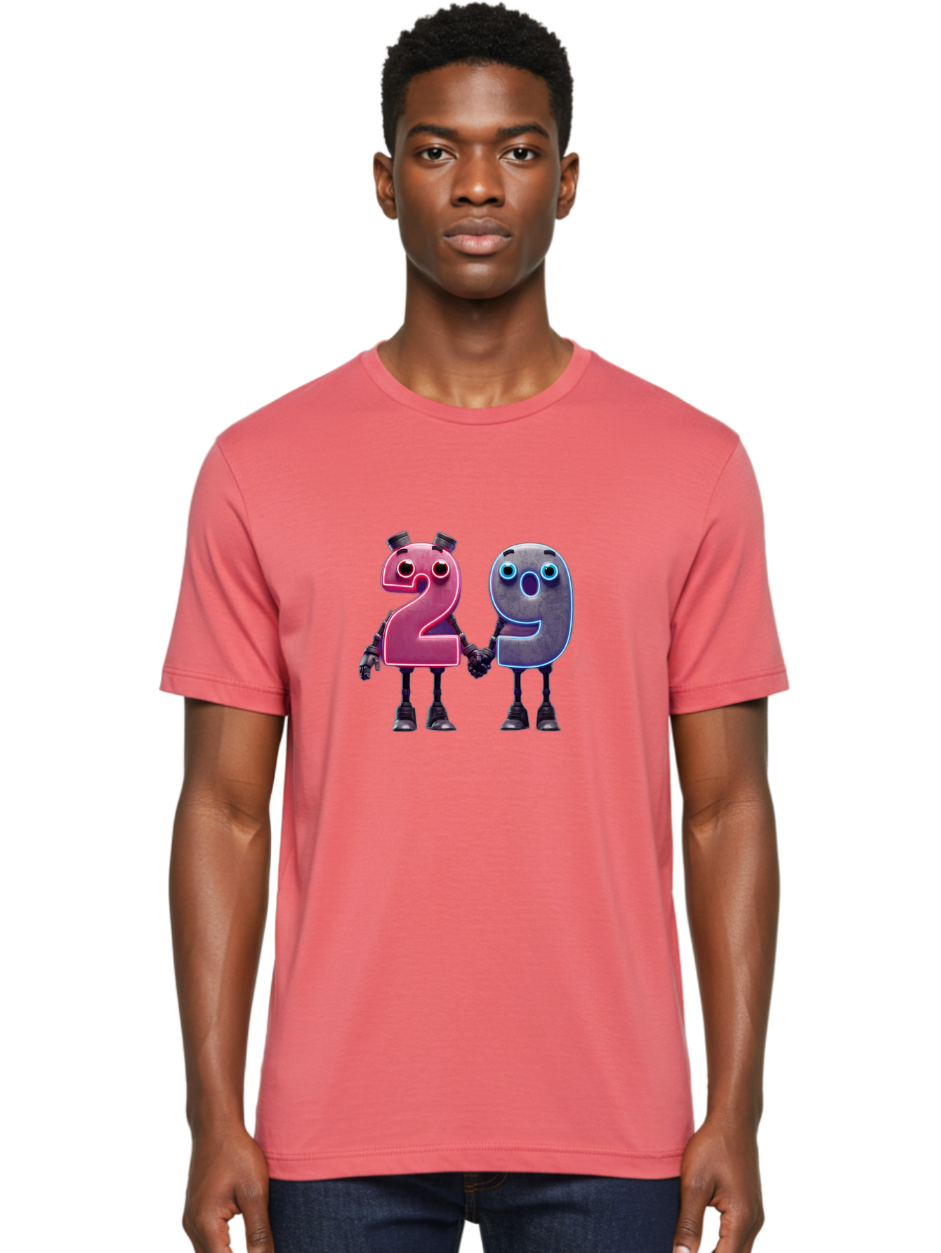 29 Men'S Graphic Tee, 100% Cotton, Comfortable Casual Summer Wear, Machine Washable, Anthropomorphic Numbers, Robotic Characters, 2 And 9, Futuristic Design, Neon Lights, Holding Hands, Friendly Duo, Cyborg Digits, Numerical Friends, Bab614