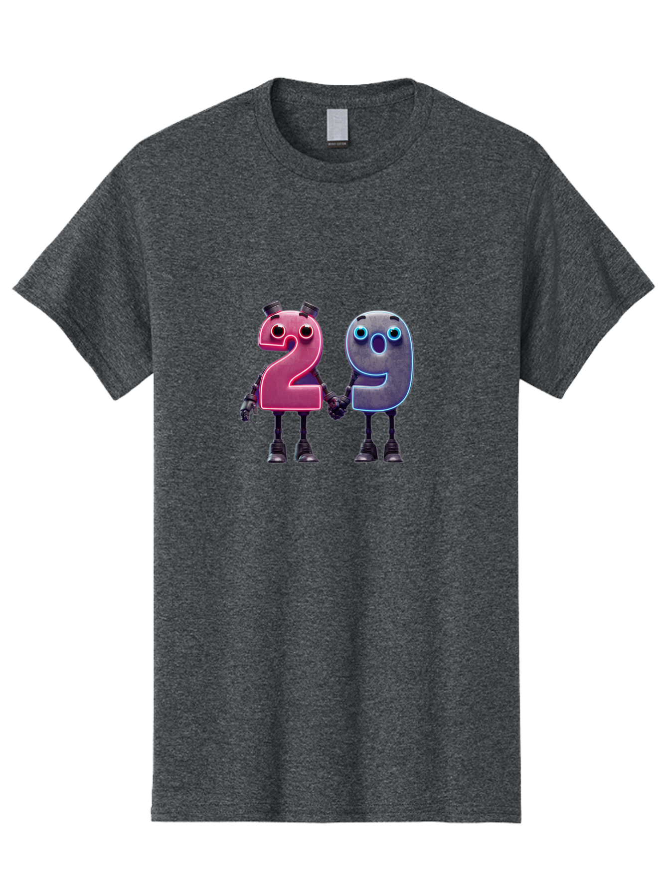 29 Men'S Graphic Tee, 100% Cotton, Comfortable Casual Summer Wear, Machine Washable, Anthropomorphic Numbers, Robotic Characters, 2 And 9, Futuristic Design, Neon Lights, Holding Hands, Friendly Duo, Cyborg Digits, Numerical Friends, Bab614