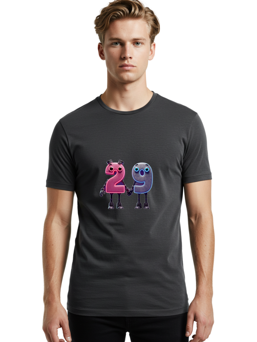 29 Men'S Graphic Tee, 100% Cotton, Comfortable Casual Summer Wear, Machine Washable, Anthropomorphic Numbers, Robotic Characters, 2 And 9, Futuristic Design, Neon Lights, Holding Hands, Friendly Duo, Cyborg Digits, Numerical Friends, Bab614
