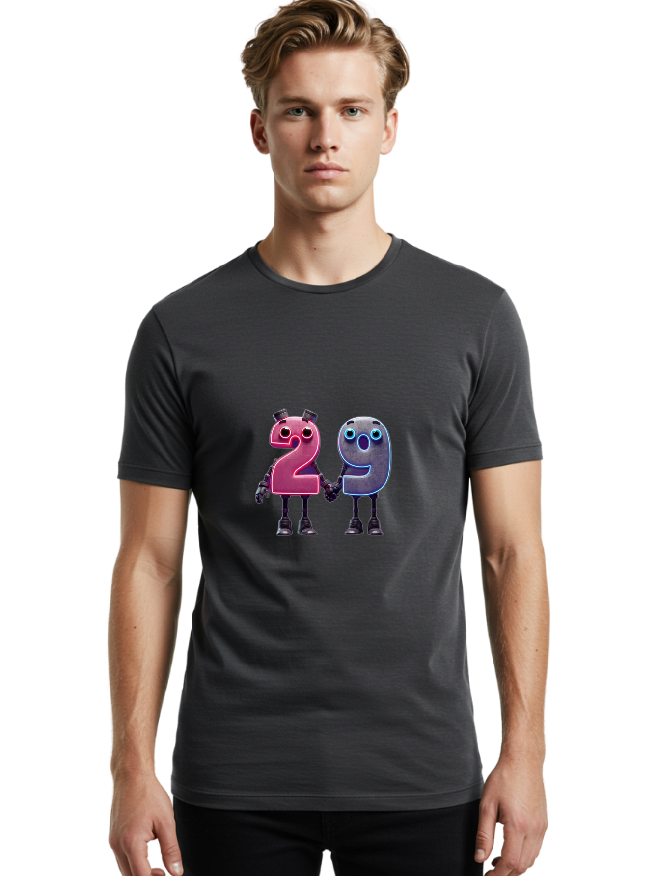 29 Men'S Graphic Tee, 100% Cotton, Comfortable Casual Summer Wear, Machine Washable, Anthropomorphic Numbers, Robotic Characters, 2 And 9, Futuristic Design, Neon Lights, Holding Hands, Friendly Duo, Cyborg Digits, Numerical Friends, Bab614