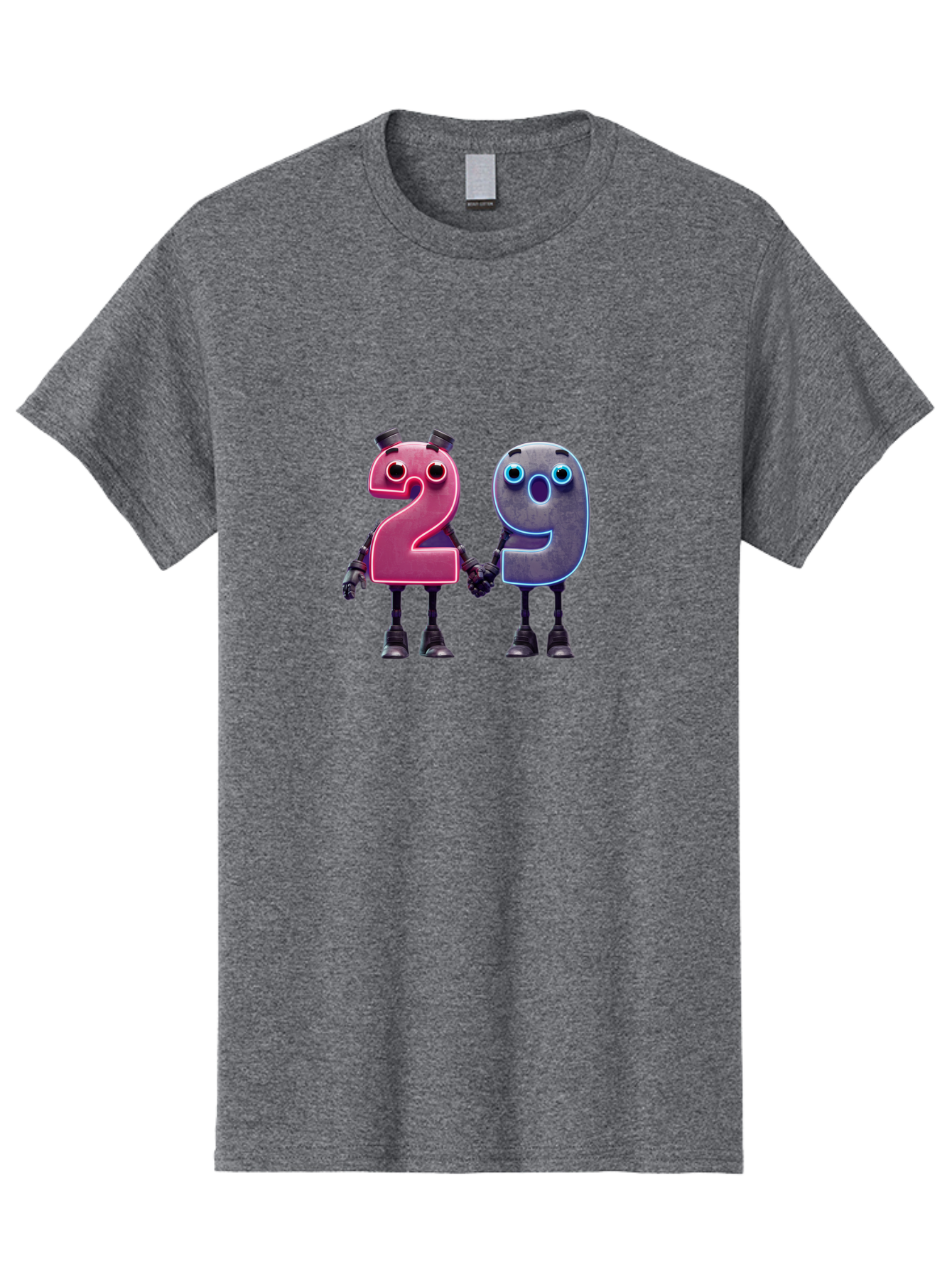 29 Men'S Graphic Tee, 100% Cotton, Comfortable Casual Summer Wear, Machine Washable, Anthropomorphic Numbers, Robotic Characters, 2 And 9, Futuristic Design, Neon Lights, Holding Hands, Friendly Duo, Cyborg Digits, Numerical Friends, Bab614