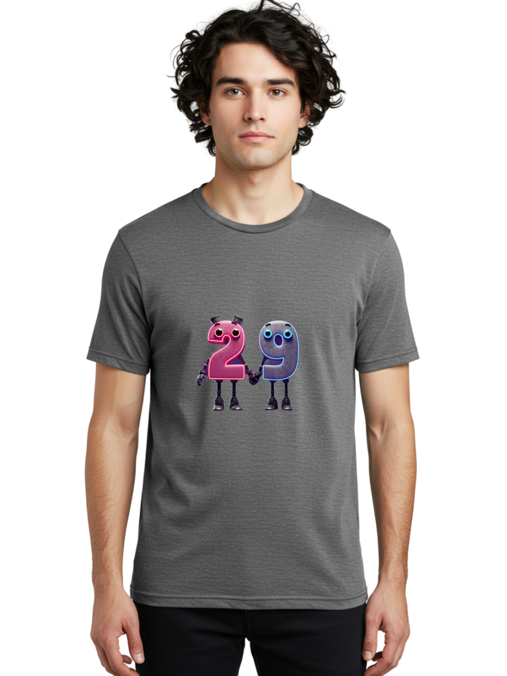 29 Men'S Graphic Tee, 100% Cotton, Comfortable Casual Summer Wear, Machine Washable, Anthropomorphic Numbers, Robotic Characters, 2 And 9, Futuristic Design, Neon Lights, Holding Hands, Friendly Duo, Cyborg Digits, Numerical Friends, Bab614