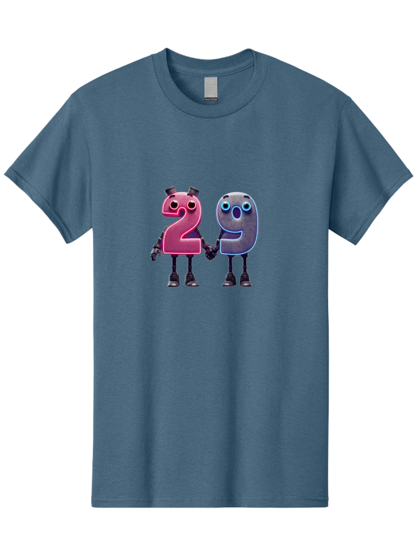 29 Men'S Graphic Tee, 100% Cotton, Comfortable Casual Summer Wear, Machine Washable, Anthropomorphic Numbers, Robotic Characters, 2 And 9, Futuristic Design, Neon Lights, Holding Hands, Friendly Duo, Cyborg Digits, Numerical Friends, Bab614
