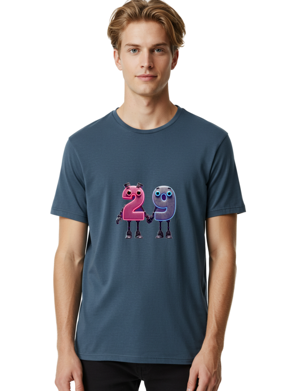 29 Men'S Graphic Tee, 100% Cotton, Comfortable Casual Summer Wear, Machine Washable, Anthropomorphic Numbers, Robotic Characters, 2 And 9, Futuristic Design, Neon Lights, Holding Hands, Friendly Duo, Cyborg Digits, Numerical Friends, Bab614
