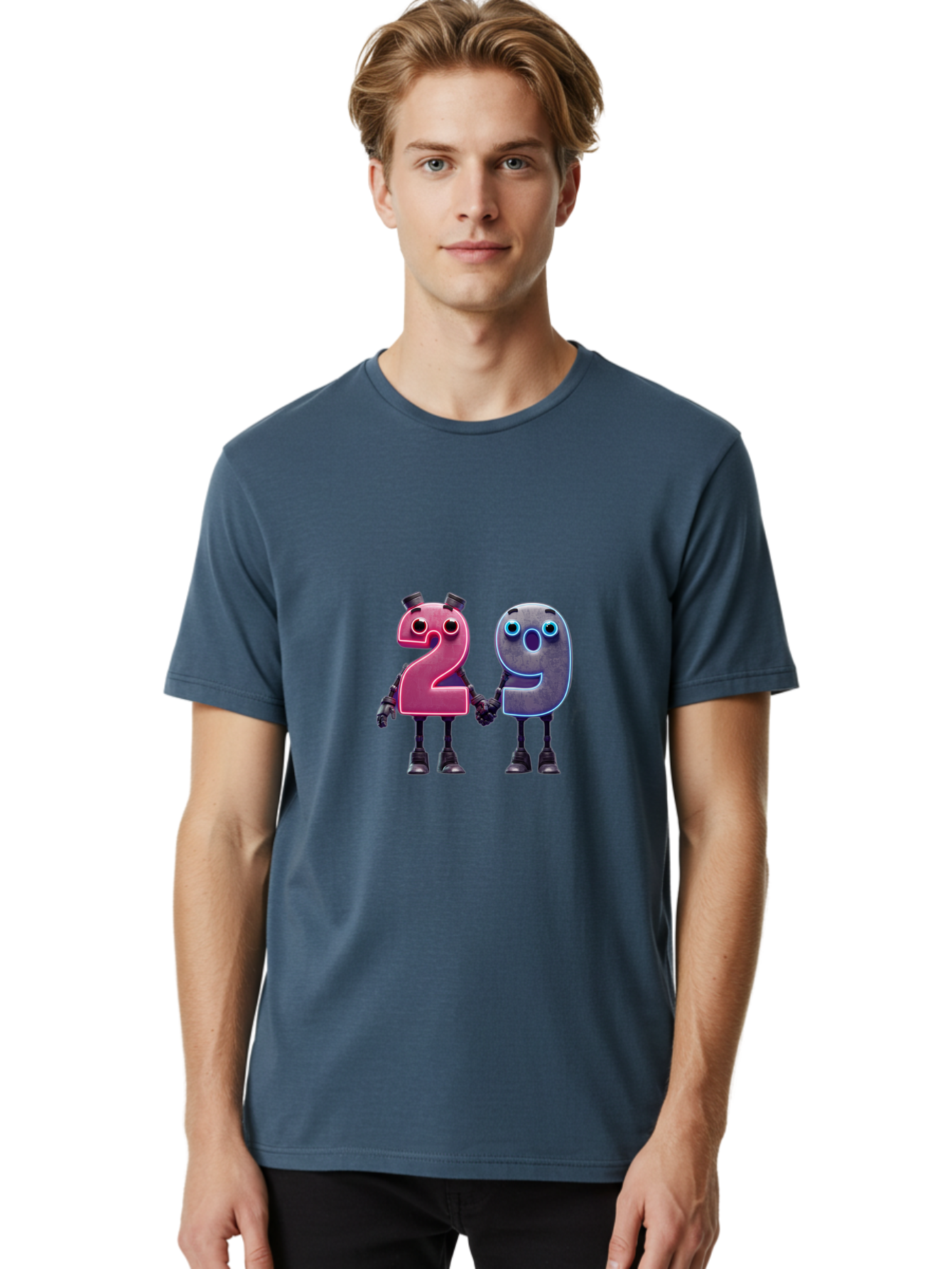 29 Men'S Graphic Tee, 100% Cotton, Comfortable Casual Summer Wear, Machine Washable, Anthropomorphic Numbers, Robotic Characters, 2 And 9, Futuristic Design, Neon Lights, Holding Hands, Friendly Duo, Cyborg Digits, Numerical Friends, Bab614