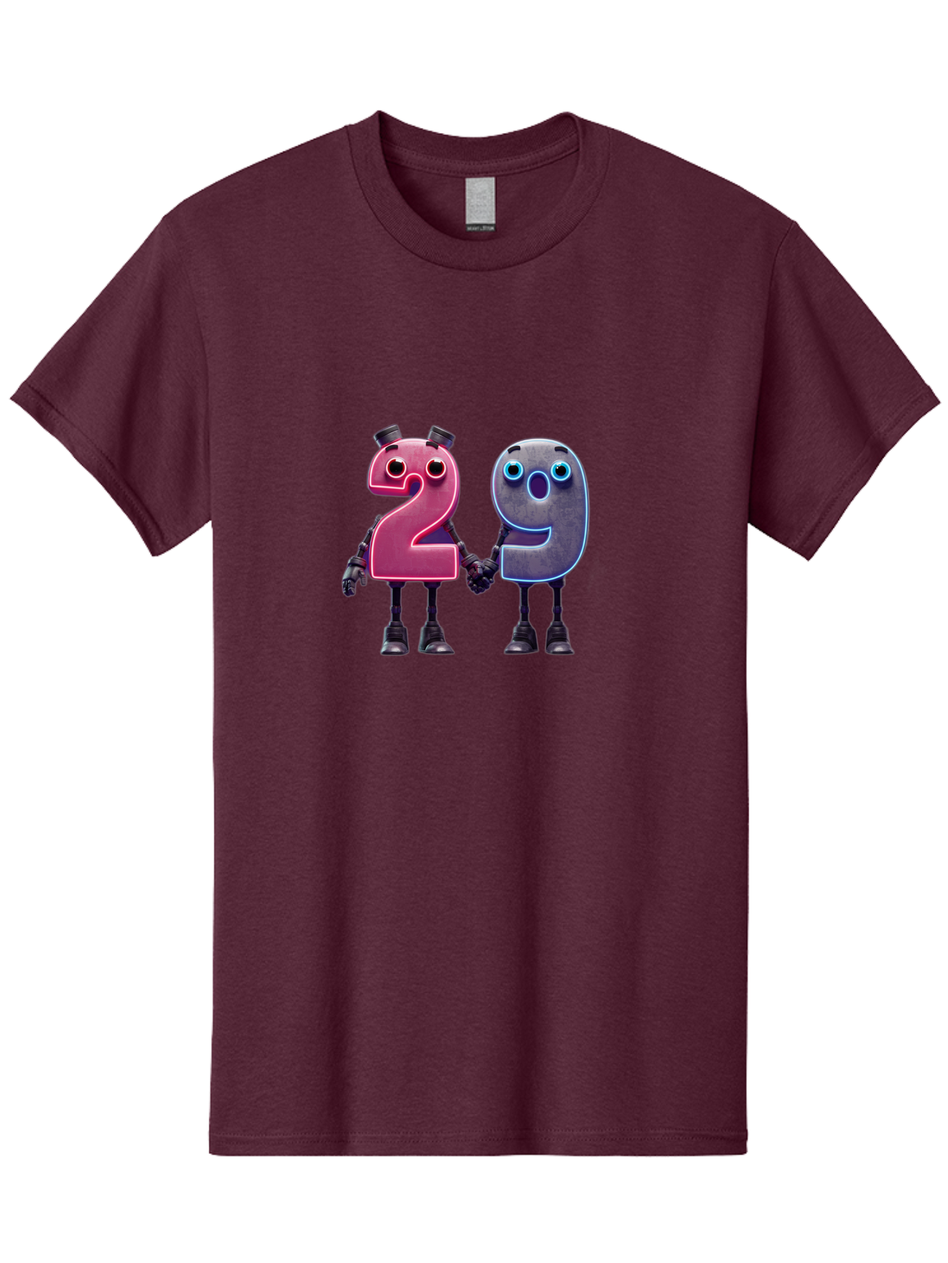 29 Men'S Graphic Tee, 100% Cotton, Comfortable Casual Summer Wear, Machine Washable, Anthropomorphic Numbers, Robotic Characters, 2 And 9, Futuristic Design, Neon Lights, Holding Hands, Friendly Duo, Cyborg Digits, Numerical Friends, Bab614