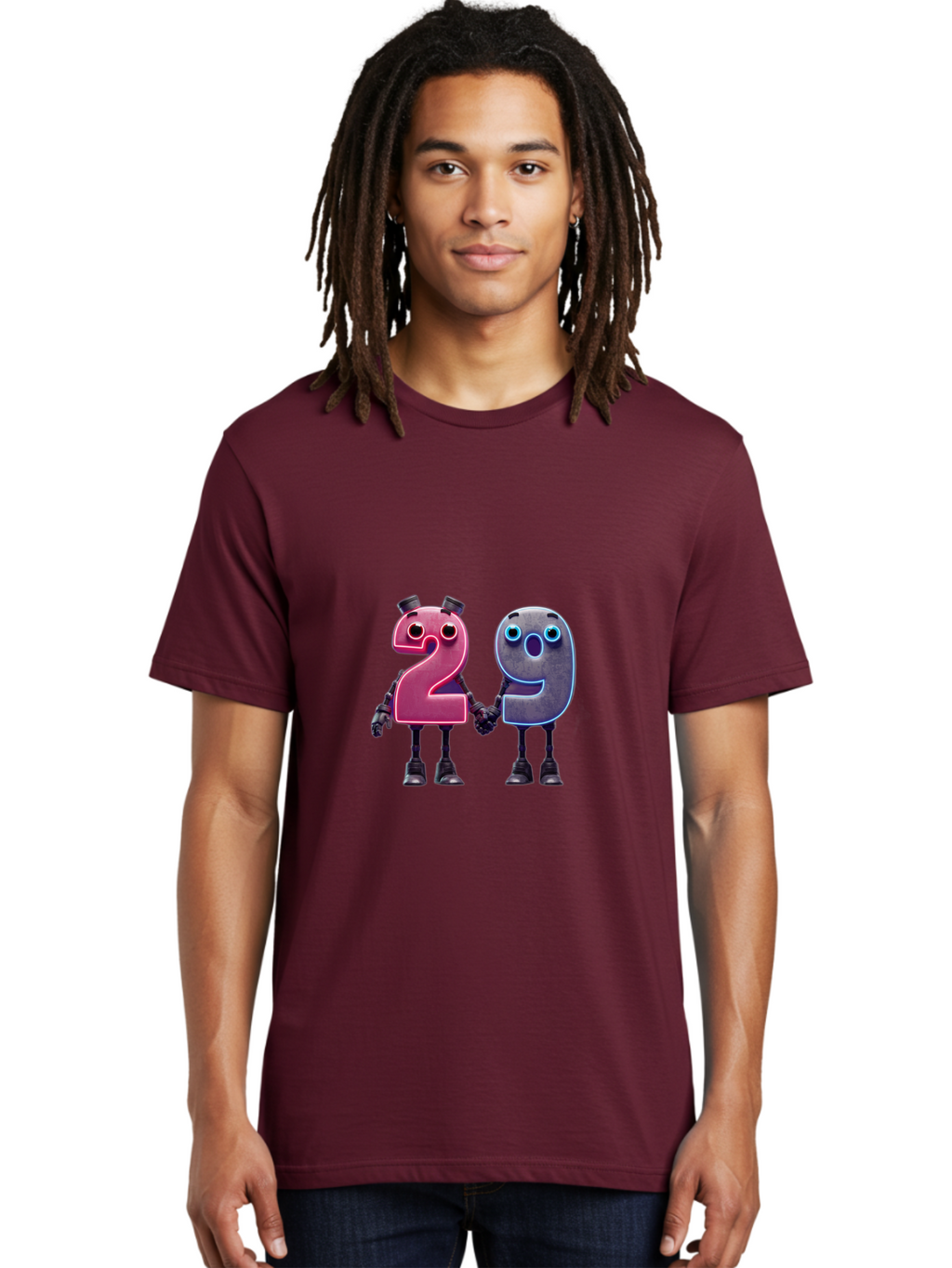 29 Men'S Graphic Tee, 100% Cotton, Comfortable Casual Summer Wear, Machine Washable, Anthropomorphic Numbers, Robotic Characters, 2 And 9, Futuristic Design, Neon Lights, Holding Hands, Friendly Duo, Cyborg Digits, Numerical Friends, Bab614
