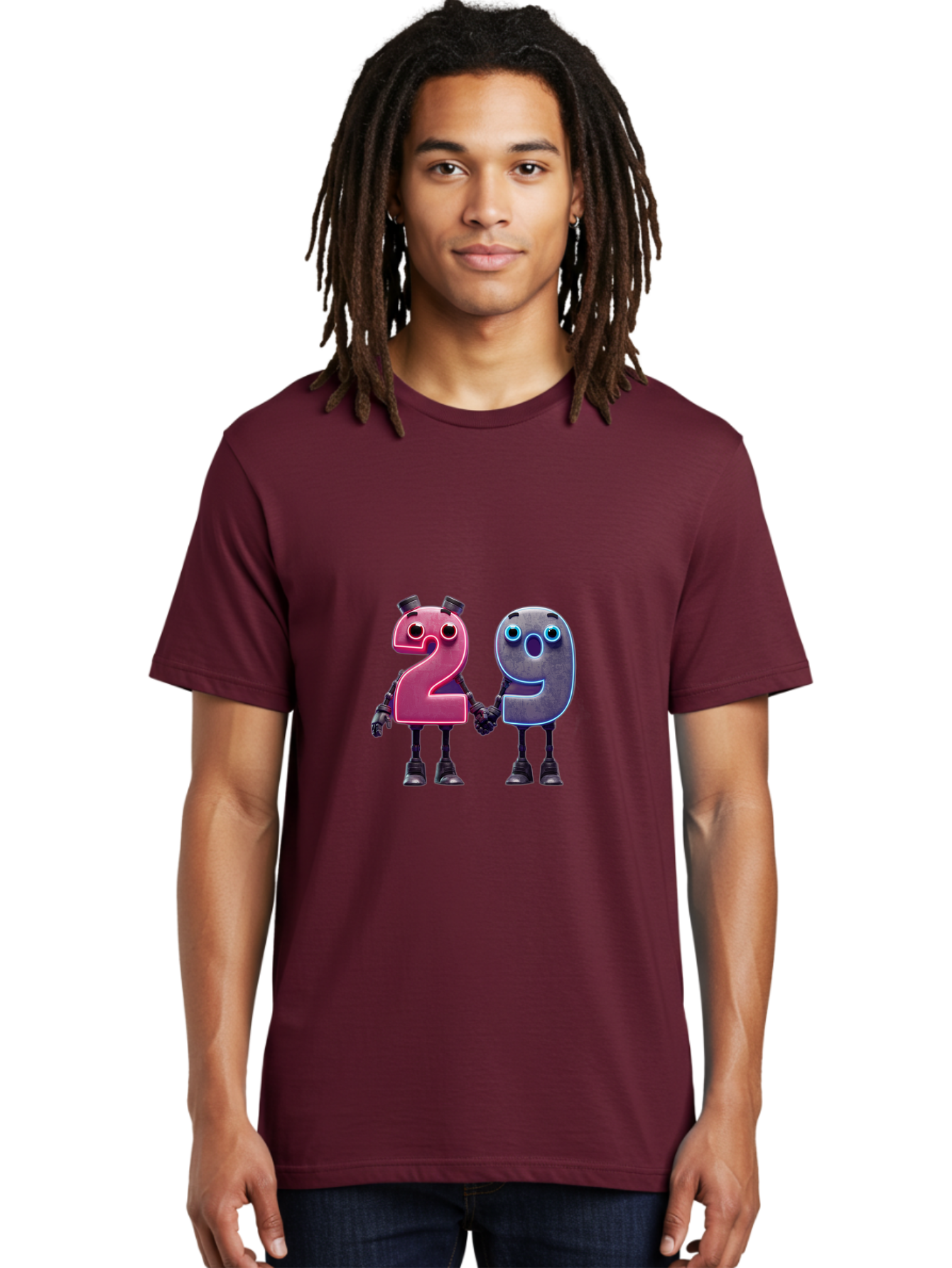 29 Men'S Graphic Tee, 100% Cotton, Comfortable Casual Summer Wear, Machine Washable, Anthropomorphic Numbers, Robotic Characters, 2 And 9, Futuristic Design, Neon Lights, Holding Hands, Friendly Duo, Cyborg Digits, Numerical Friends, Bab614