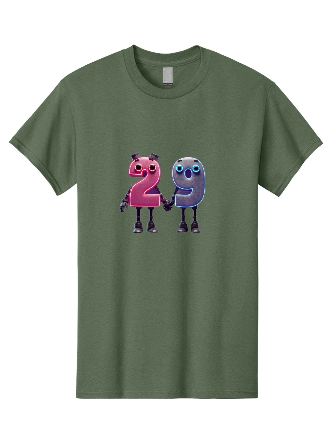 29 Men'S Graphic Tee, 100% Cotton, Comfortable Casual Summer Wear, Machine Washable, Anthropomorphic Numbers, Robotic Characters, 2 And 9, Futuristic Design, Neon Lights, Holding Hands, Friendly Duo, Cyborg Digits, Numerical Friends, Bab614