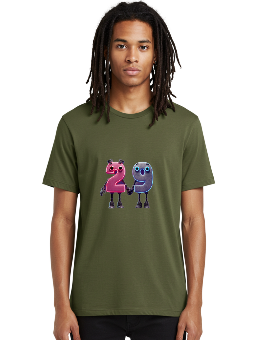 29 Men'S Graphic Tee, 100% Cotton, Comfortable Casual Summer Wear, Machine Washable, Anthropomorphic Numbers, Robotic Characters, 2 And 9, Futuristic Design, Neon Lights, Holding Hands, Friendly Duo, Cyborg Digits, Numerical Friends, Bab614