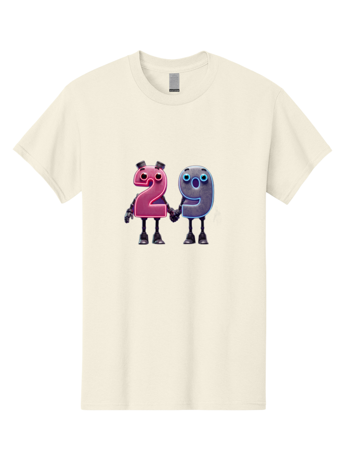 29 Men'S Graphic Tee, 100% Cotton, Comfortable Casual Summer Wear, Machine Washable, Anthropomorphic Numbers, Robotic Characters, 2 And 9, Futuristic Design, Neon Lights, Holding Hands, Friendly Duo, Cyborg Digits, Numerical Friends, Bab614