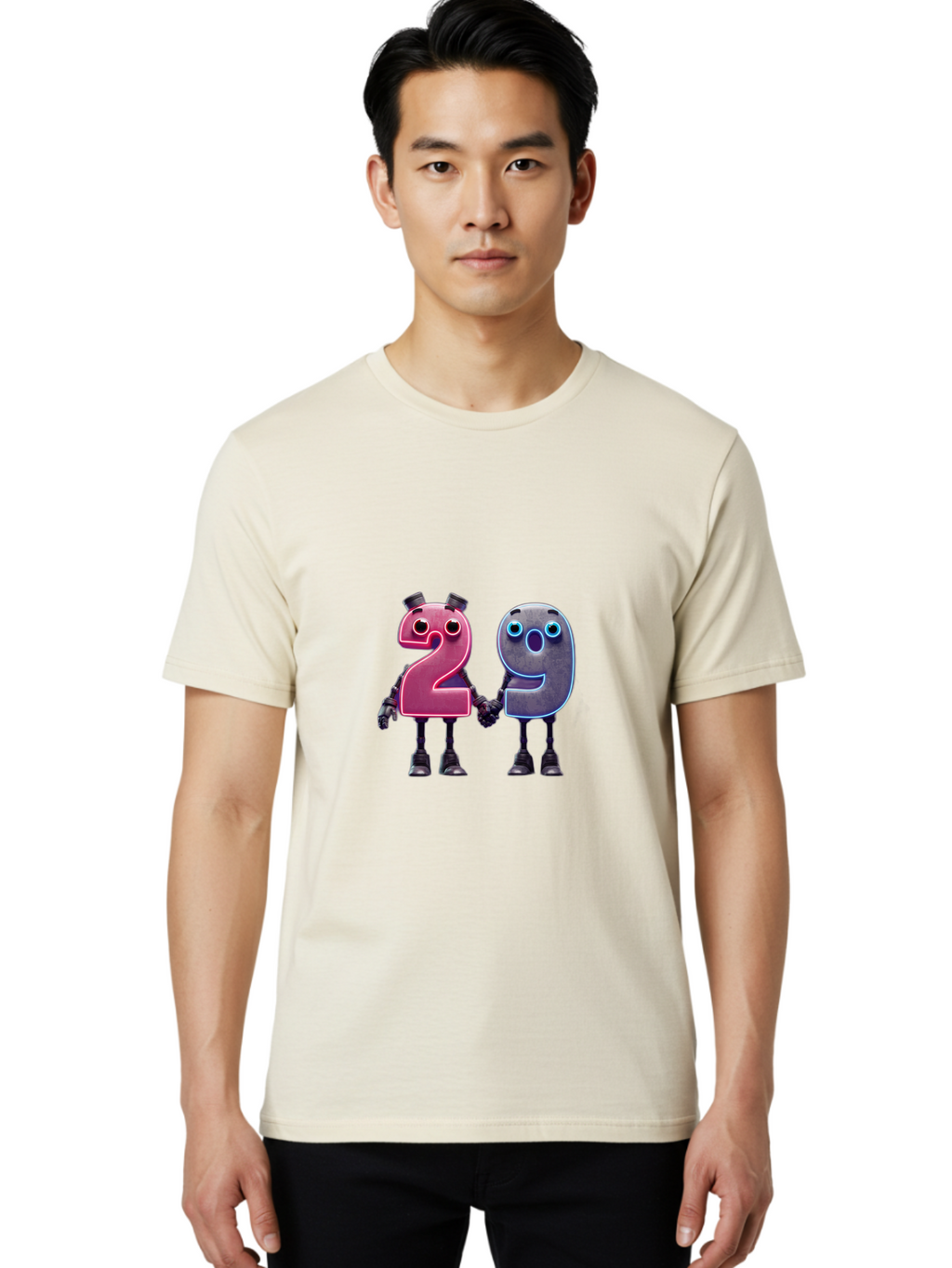 29 Men'S Graphic Tee, 100% Cotton, Comfortable Casual Summer Wear, Machine Washable, Anthropomorphic Numbers, Robotic Characters, 2 And 9, Futuristic Design, Neon Lights, Holding Hands, Friendly Duo, Cyborg Digits, Numerical Friends, Bab614