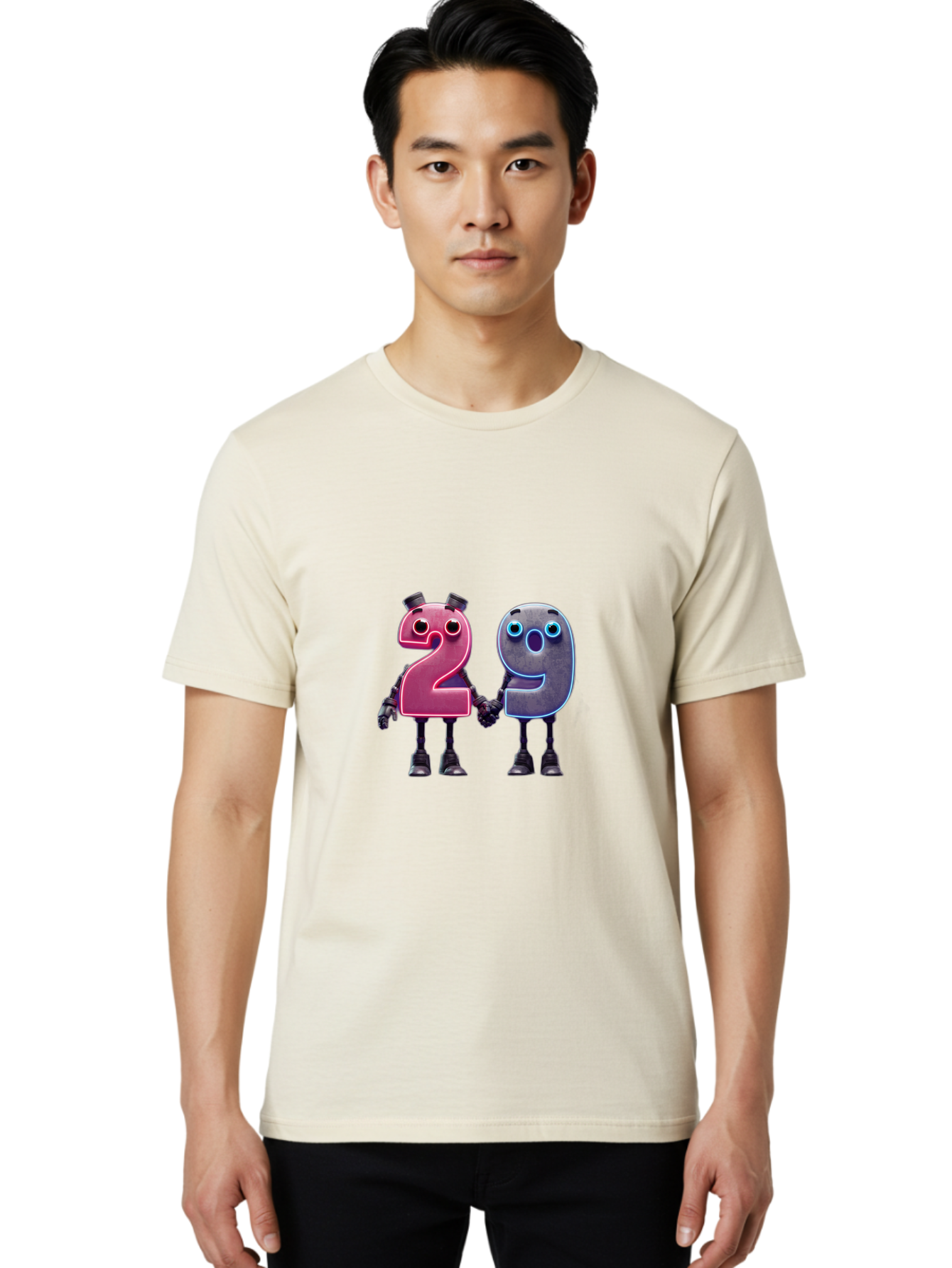 29 Men'S Graphic Tee, 100% Cotton, Comfortable Casual Summer Wear, Machine Washable, Anthropomorphic Numbers, Robotic Characters, 2 And 9, Futuristic Design, Neon Lights, Holding Hands, Friendly Duo, Cyborg Digits, Numerical Friends, Bab614