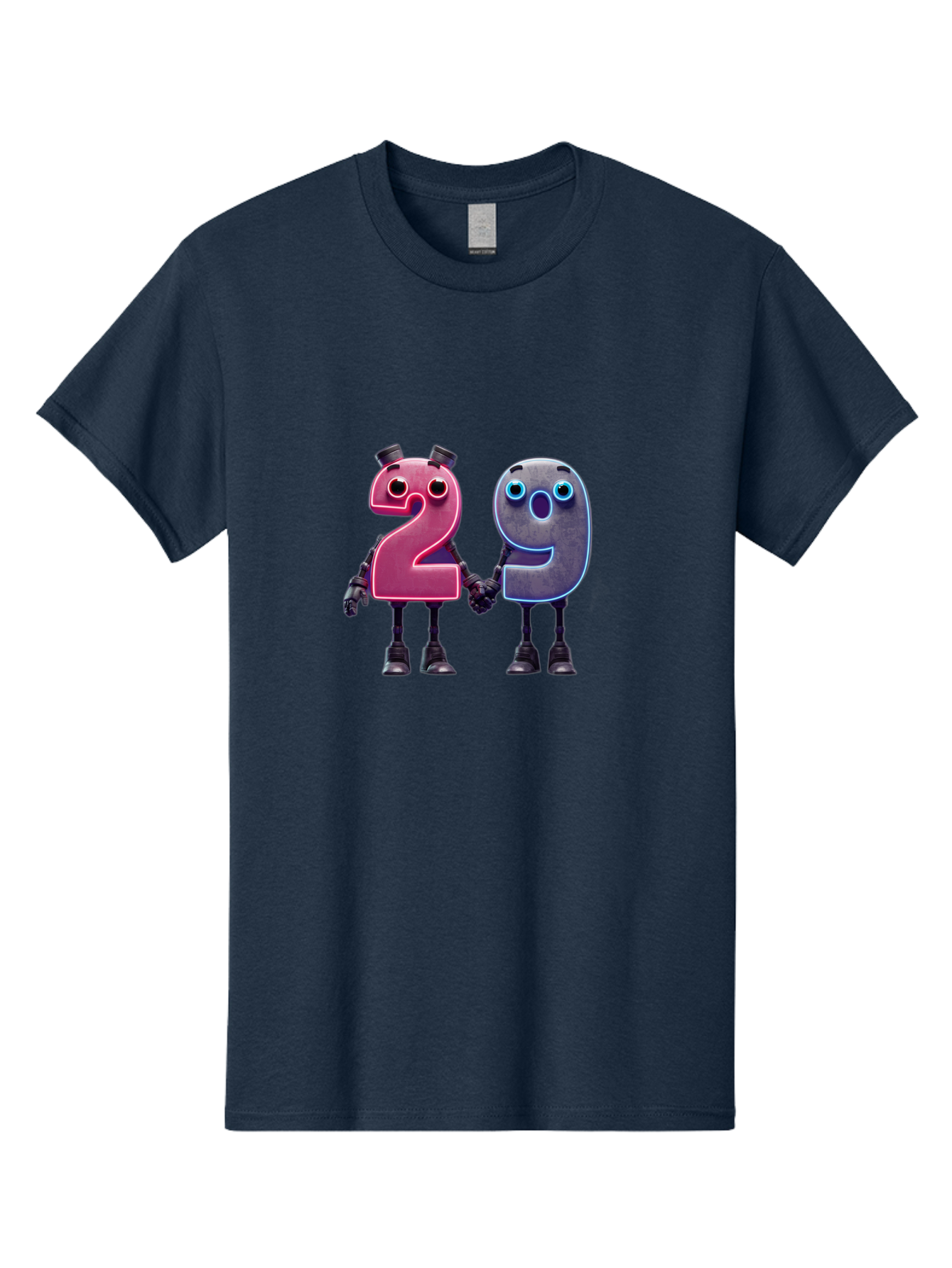 29 Men'S Graphic Tee, 100% Cotton, Comfortable Casual Summer Wear, Machine Washable, Anthropomorphic Numbers, Robotic Characters, 2 And 9, Futuristic Design, Neon Lights, Holding Hands, Friendly Duo, Cyborg Digits, Numerical Friends, Bab614