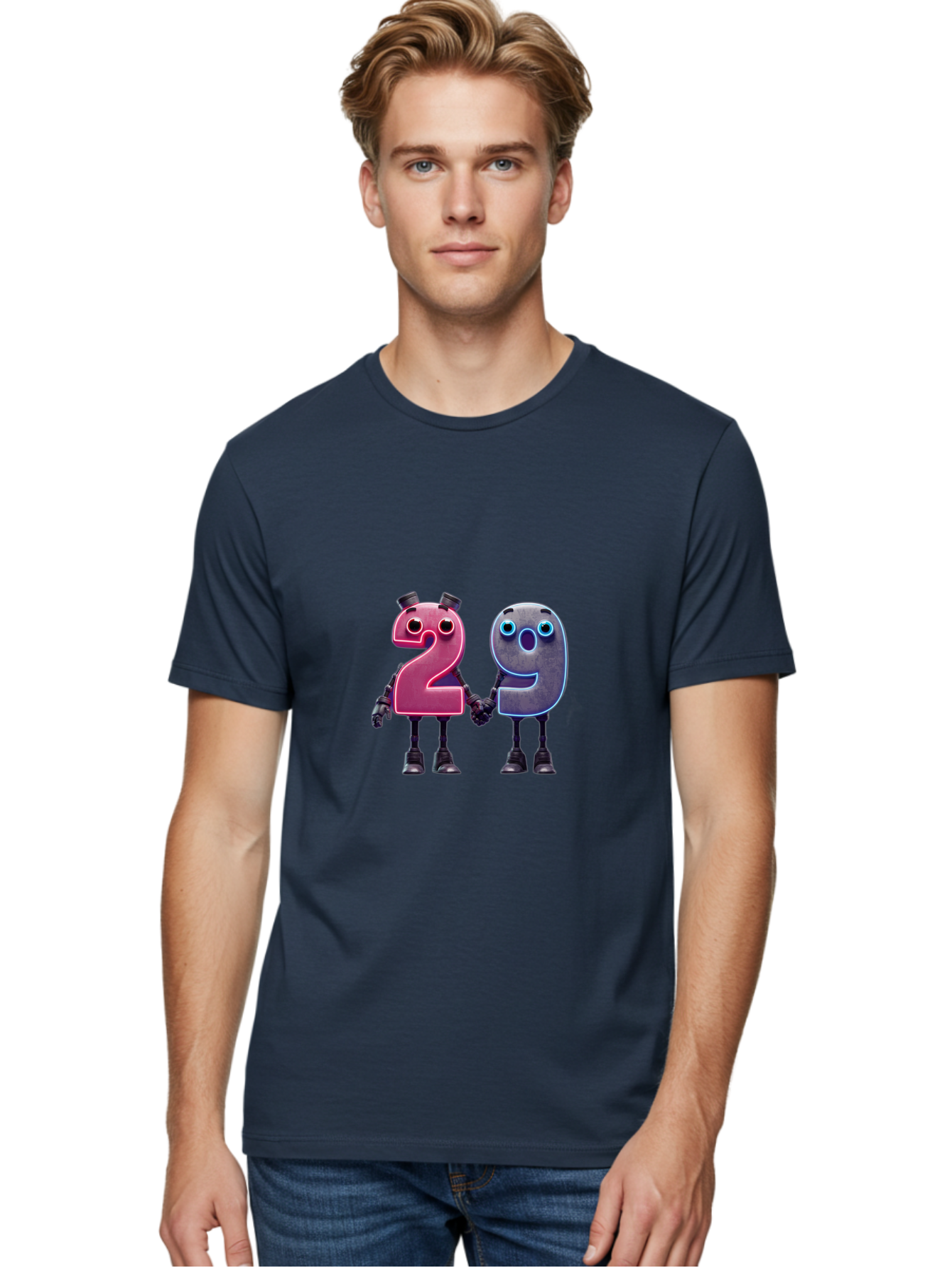 29 Men'S Graphic Tee, 100% Cotton, Comfortable Casual Summer Wear, Machine Washable, Anthropomorphic Numbers, Robotic Characters, 2 And 9, Futuristic Design, Neon Lights, Holding Hands, Friendly Duo, Cyborg Digits, Numerical Friends, Bab614
